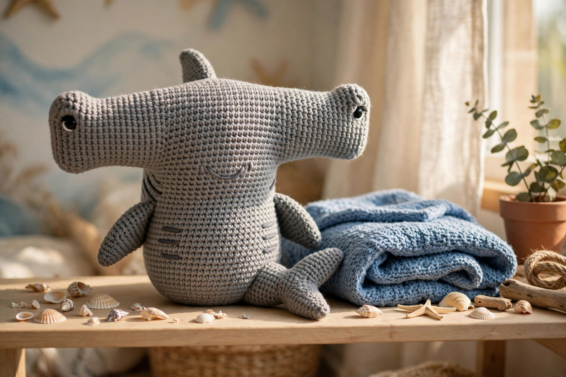 Grey crochet hammerhead shark plush styled on a nursery shelf with seashells and a blue blanket