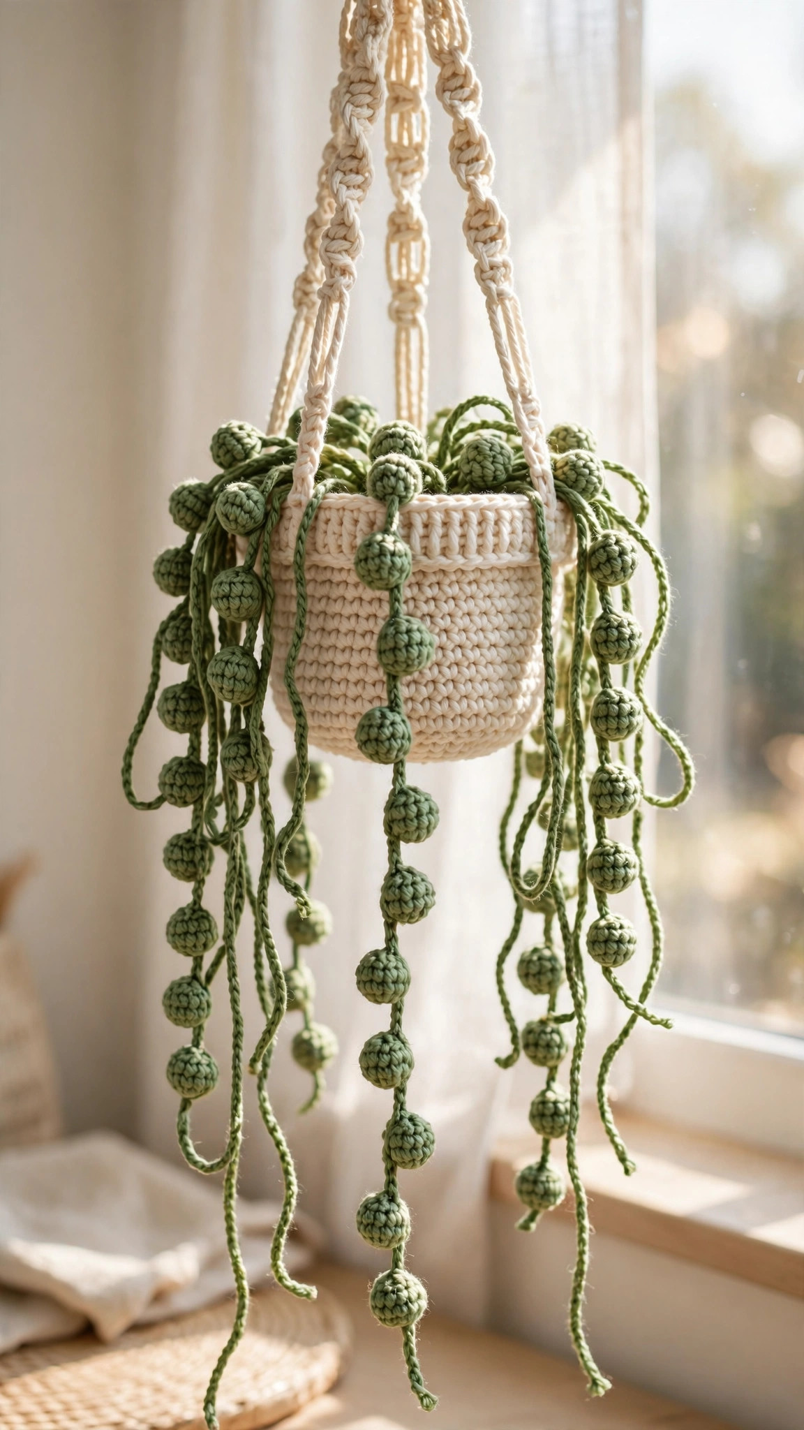 Crochet string-of-pearls hanging plant with long bobble-bead strands in a cream crocheted pot by a sunny window