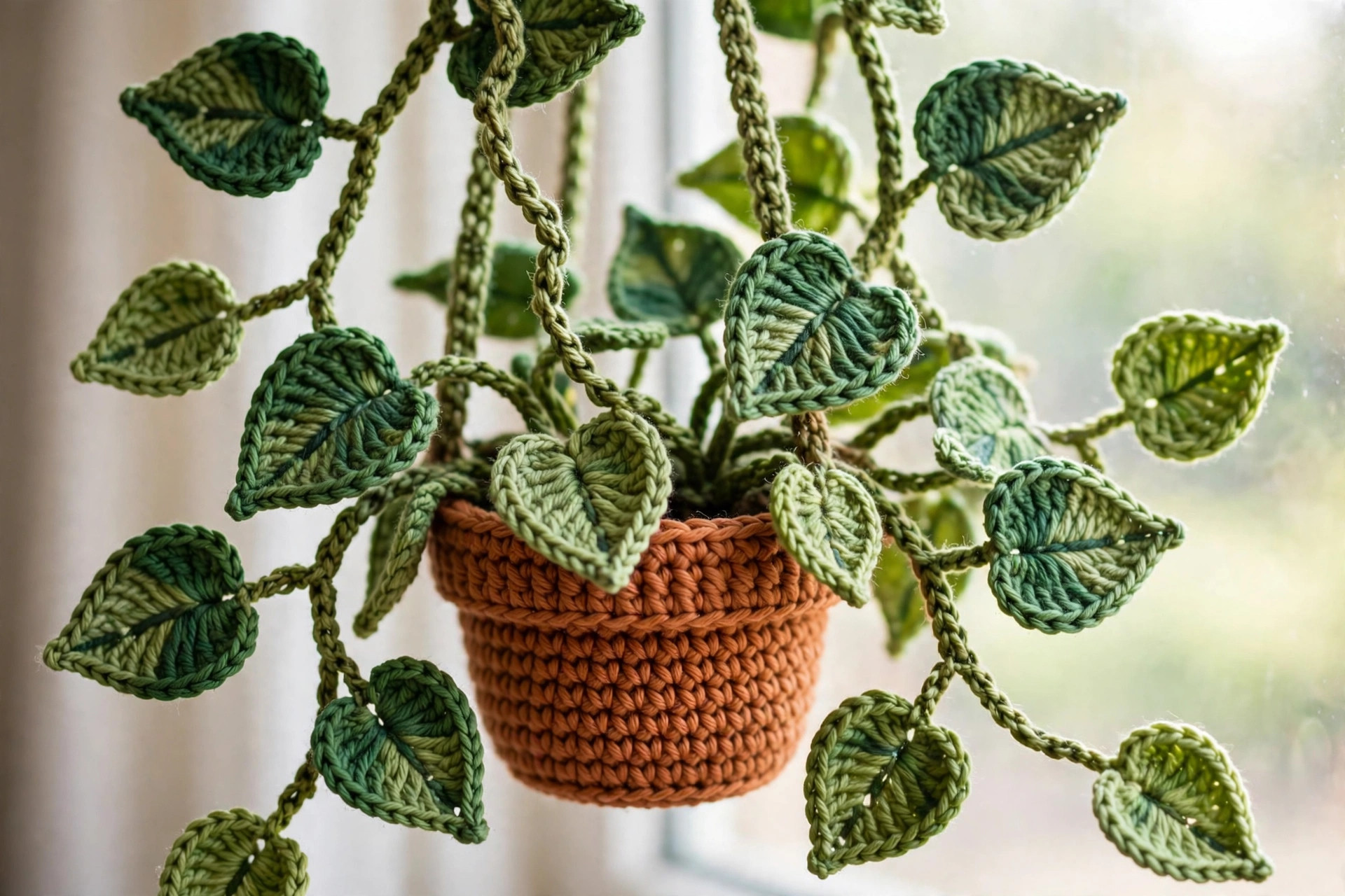 Close-up of crochet pothos leaves — heart-shaped green leaves on chain vines spilling from a terracotta crochet pot