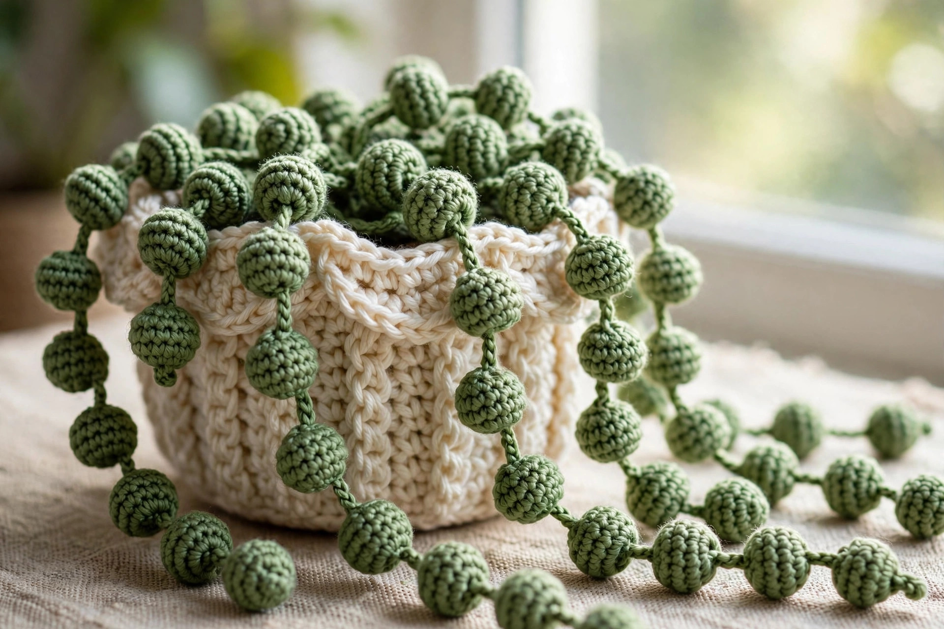 Close-up of crochet string-of-pearls — round green bobble beads on trailing crochet strands over a cream pot rim