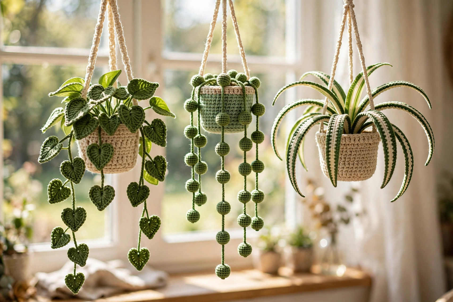 All three crochet hanging plants — pothos, string-of-pearls and spider plant — hanging together in a bright sunny window