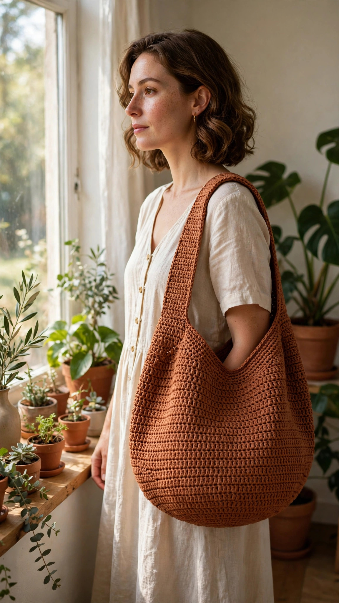 Crochet hobo bag pattern free — terracotta slouchy crochet tote with a wide shoulder strap worn over the shoulder by a sunlit window