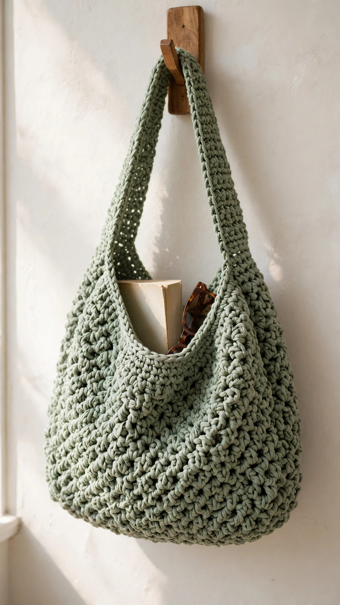 Sage green crochet hobo bag hanging on a wooden wall hook with a paperback book and sunglasses tucked inside