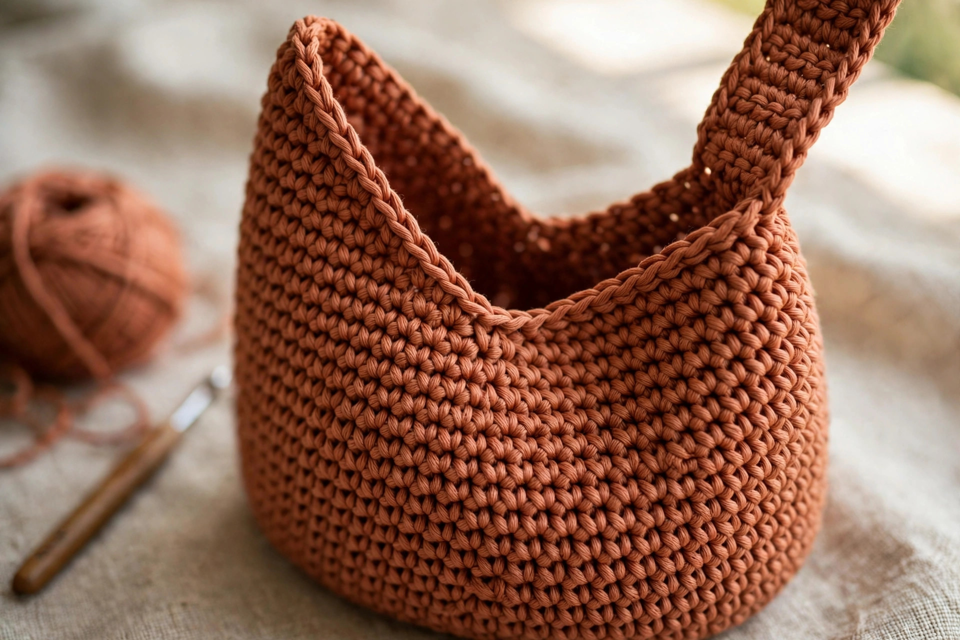 Close-up detail of terracotta crochet hobo bag stitches showing the half double crochet texture and wide strap