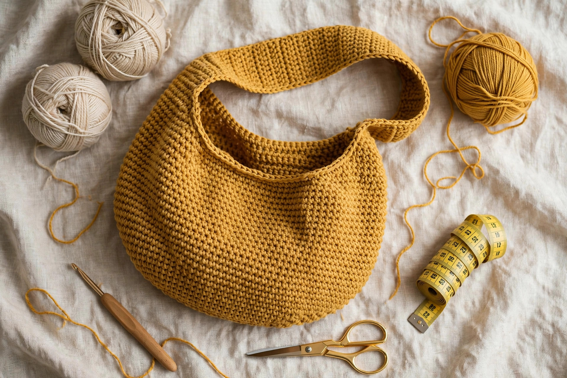 Overhead flat lay of a mustard yellow crochet hobo bag with yarn balls, crochet hook, scissors and tape measure on linen