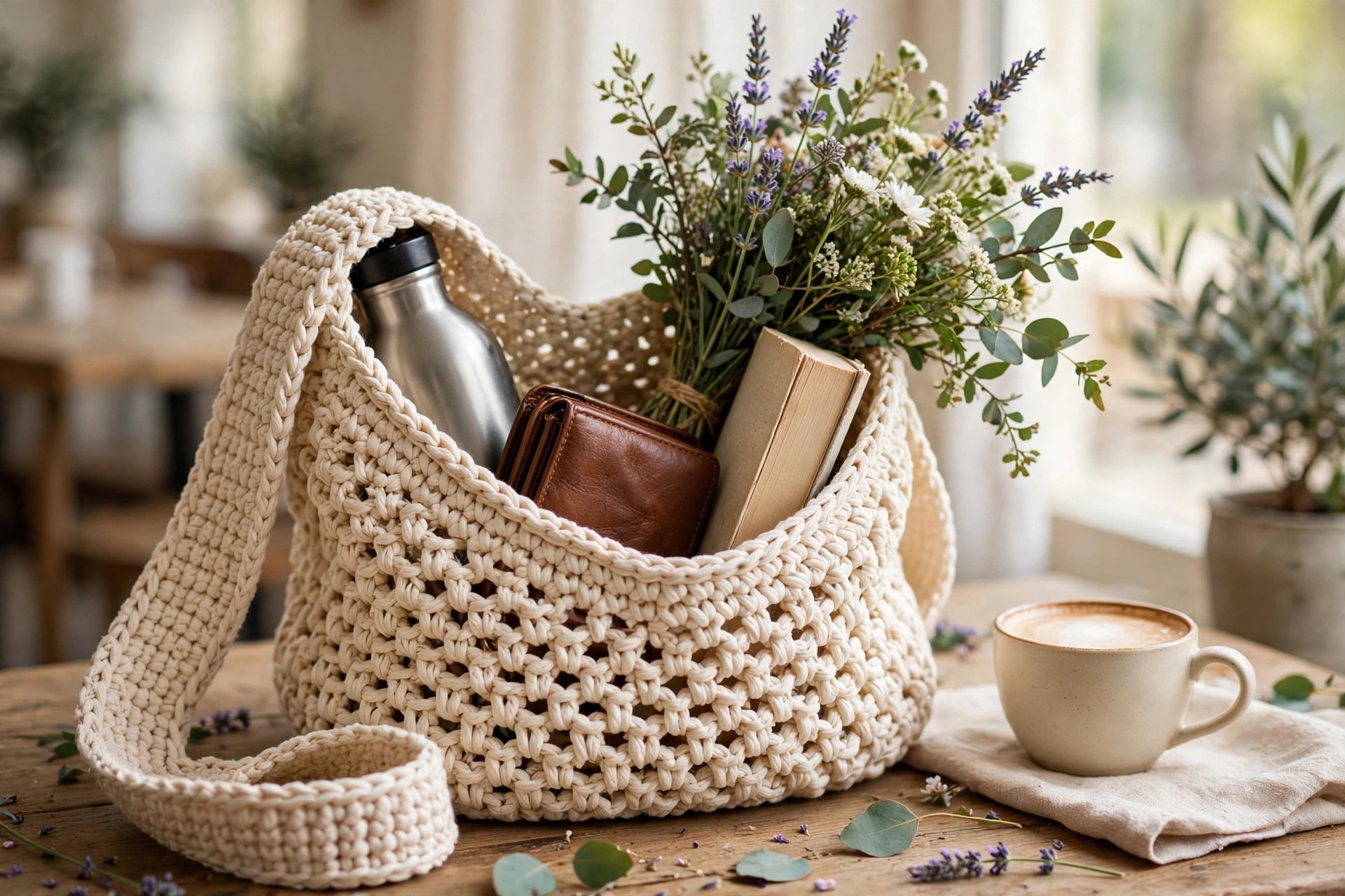 Cream crochet hobo bag on a cafe table with coffee, wallet, book and market flowers showing everyday items it holds