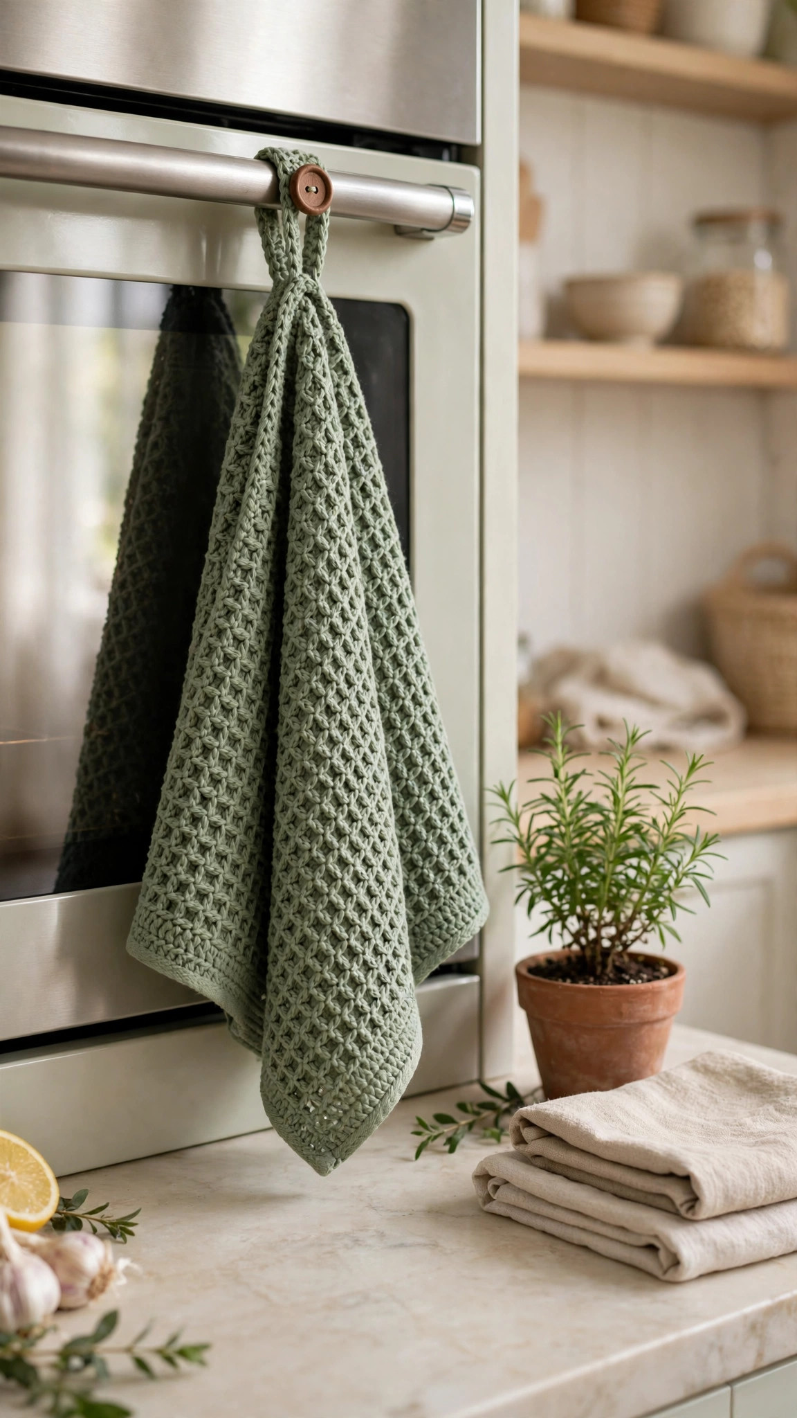 Handmade cream crocheted waffle towel hanging with its wooden button loop visible on an oven handle, sage plant and folded linens nearby, crochet kitchen towel pattern
