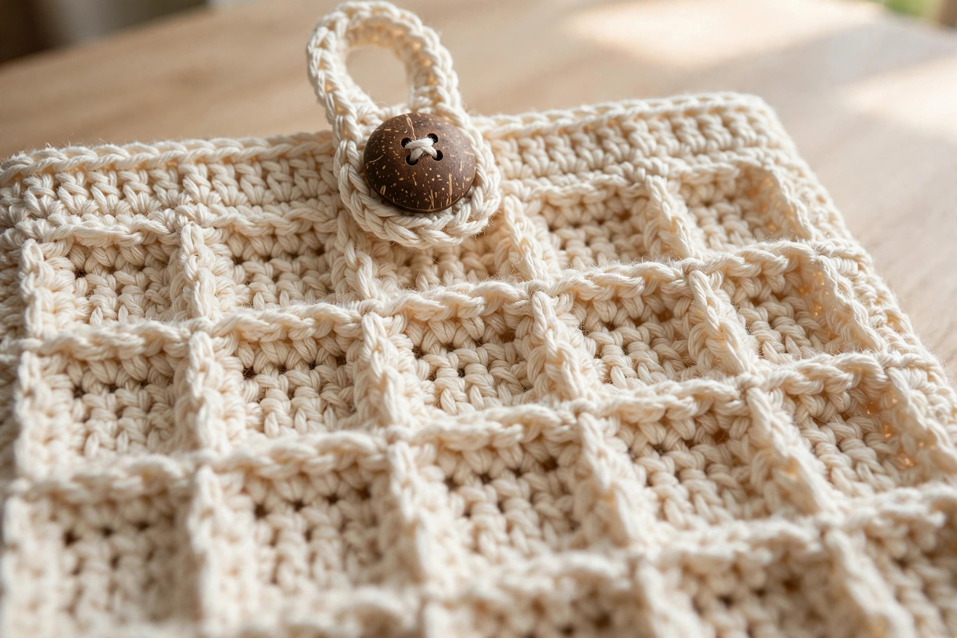 Close-up of cream cotton waffle stitch texture with raised front post squares and a wooden button with its looped tab, crochet kitchen towel pattern detail