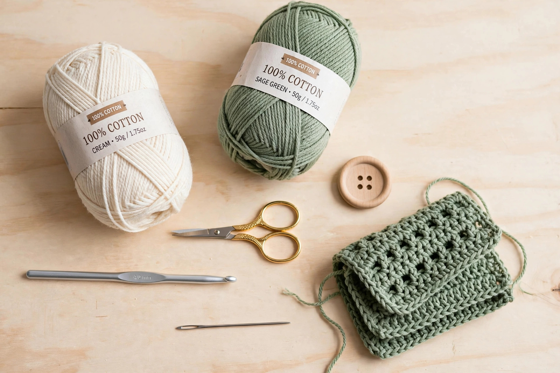 Overhead flat lay of cream and sage cotton yarn balls, a 4.5 mm crochet hook, a round wooden button, scissors and a tapestry needle, crochet kitchen towel pattern materials