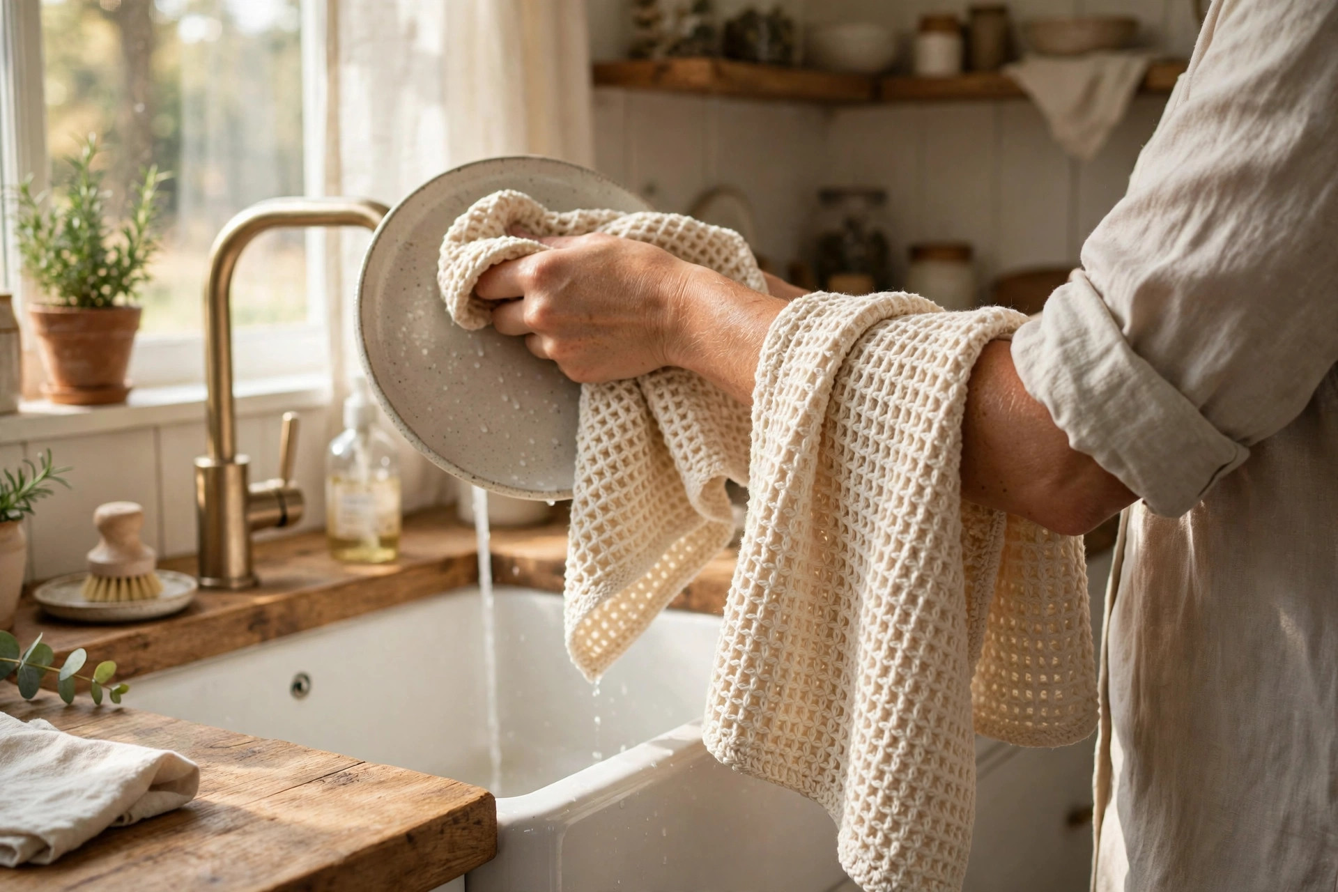 Finished cream crocheted waffle kitchen towel draped over an arm drying a ceramic plate by a bright kitchen sink, crochet kitchen towel pattern lifestyle