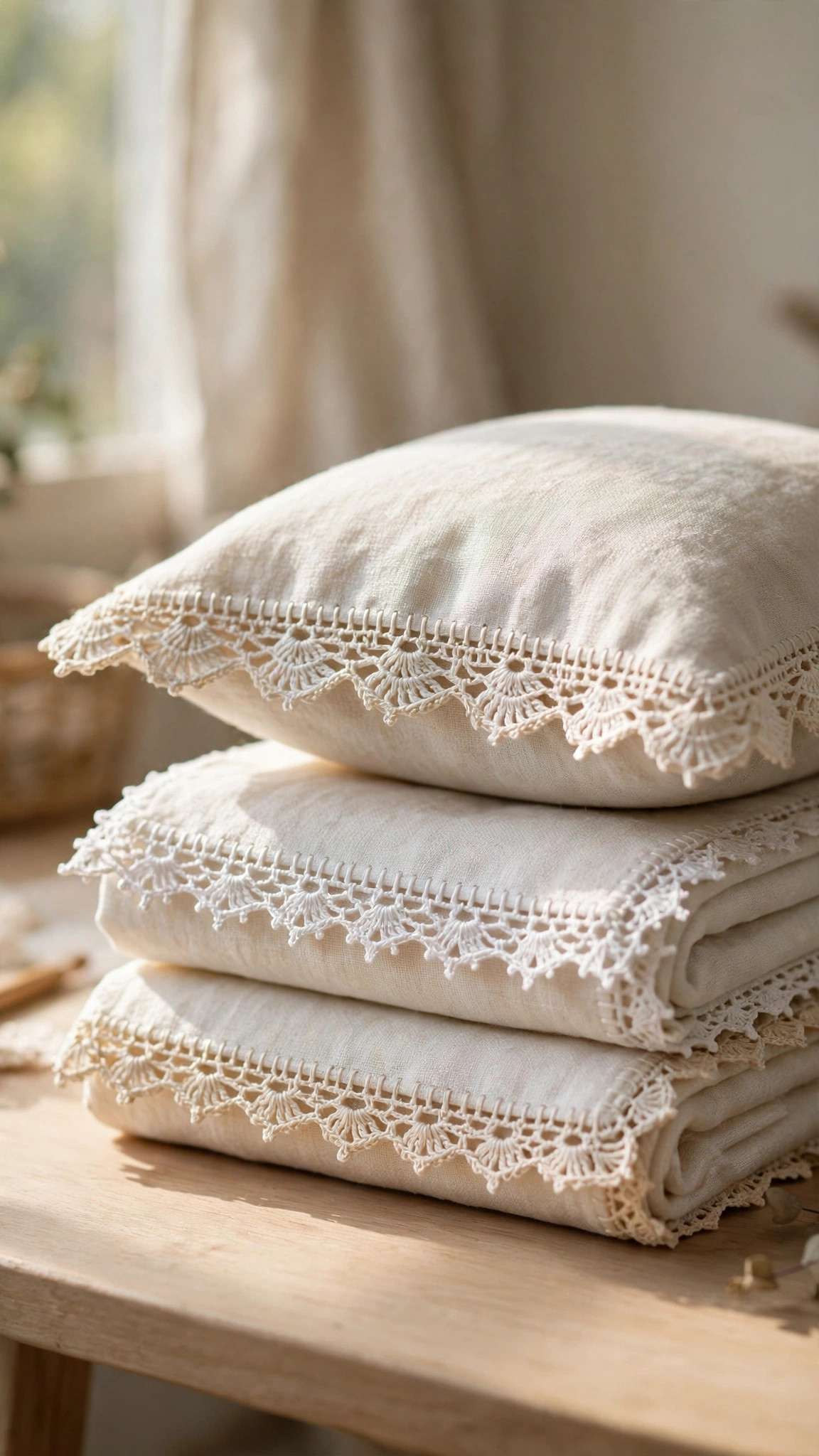 Crochet lace edgings free patterns — white and cream lace trims sewn along linen towels and a pillowcase
