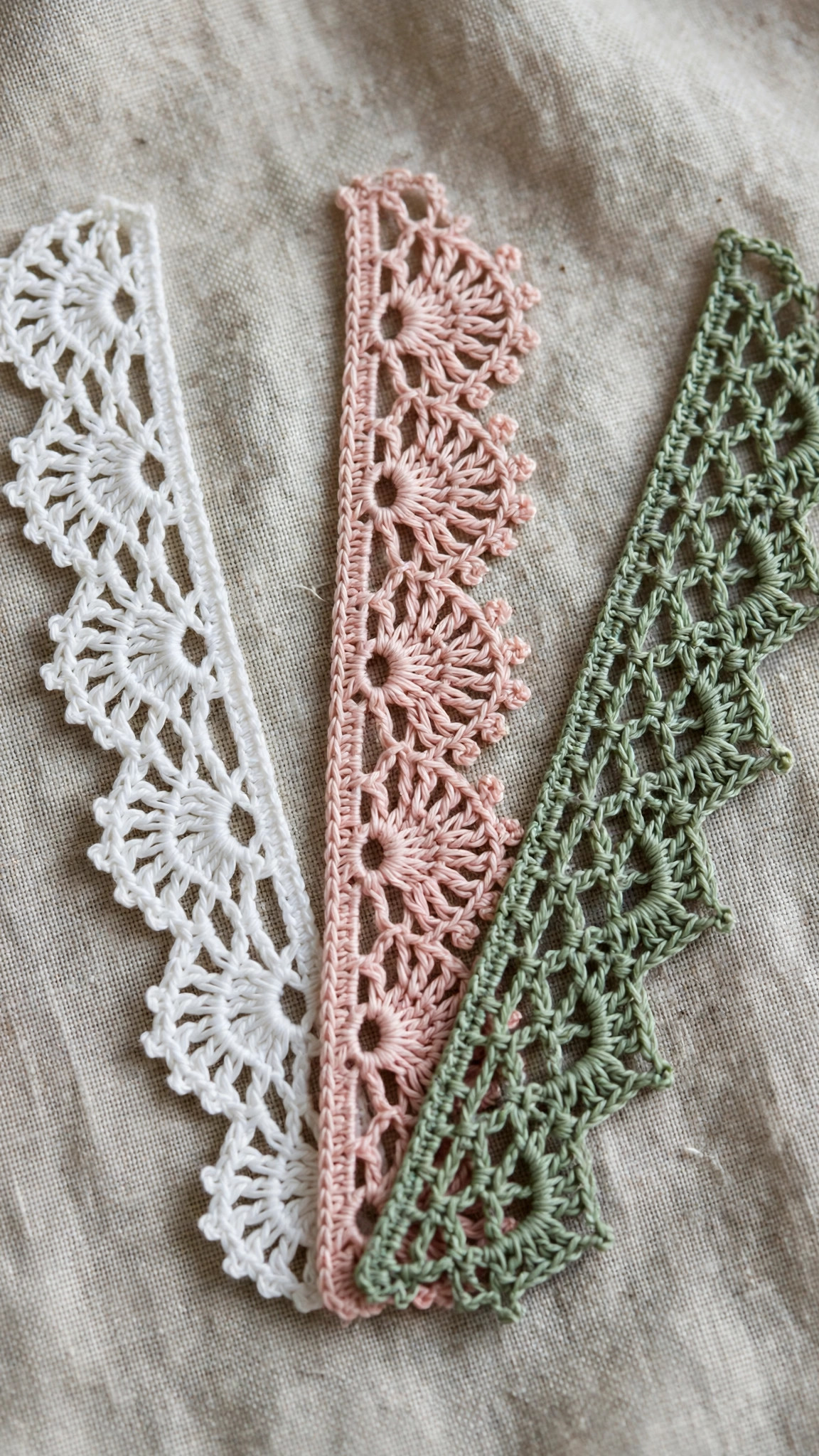 Three crochet lace edging samples in white, blush pink and sage green showing shell, picot fan and V-stitch scallop designs