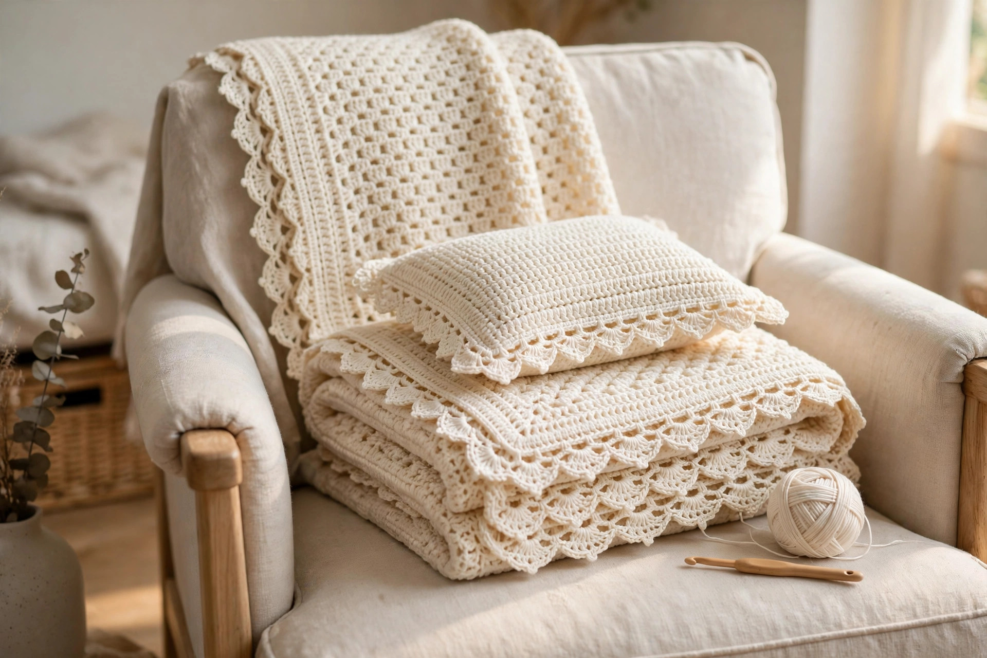 Folded baby blanket and pillowcase with cream crochet lace edging, cotton yarn and hook nearby