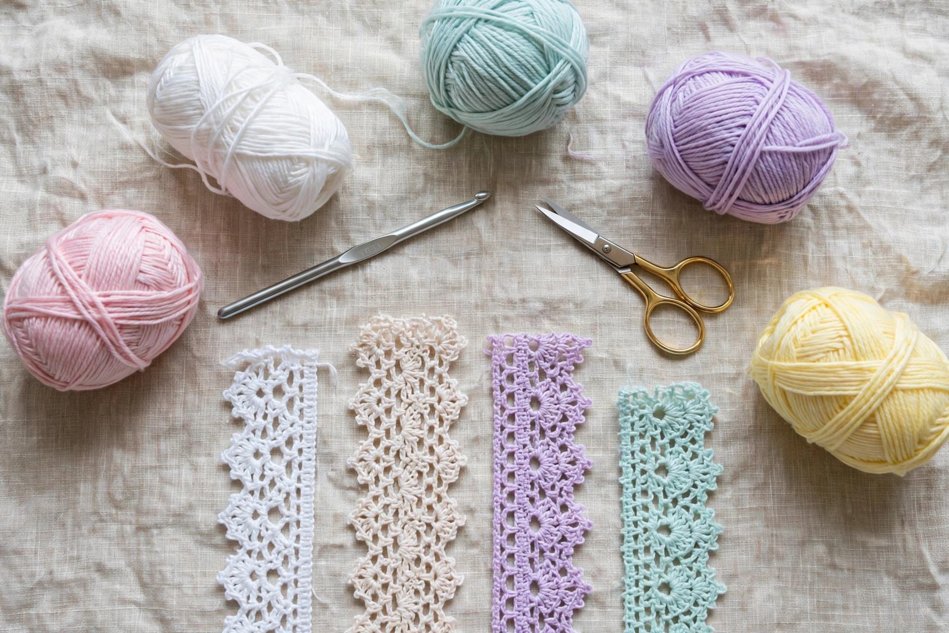 Flat lay of cotton crochet thread balls, steel hook, scissors and finished lace edging strips on linen fabric