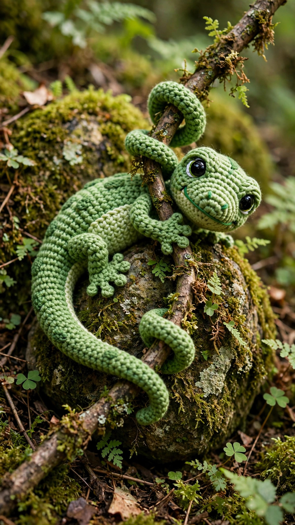 A crocheted green gecko lizard amigurumi curled on a rock with a small branch at a playful angle, free crochet lizard pattern