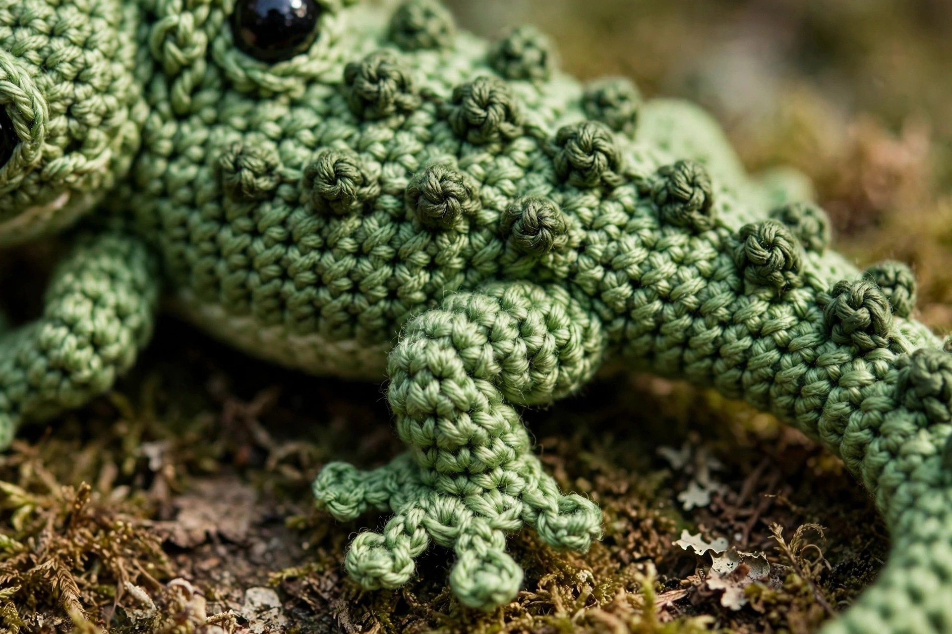 Close-up detail of crocheted gecko toes with yellow embroidery and small crocheted back ridge bumps in yellow along a green crocheted back, crochet lizard pattern