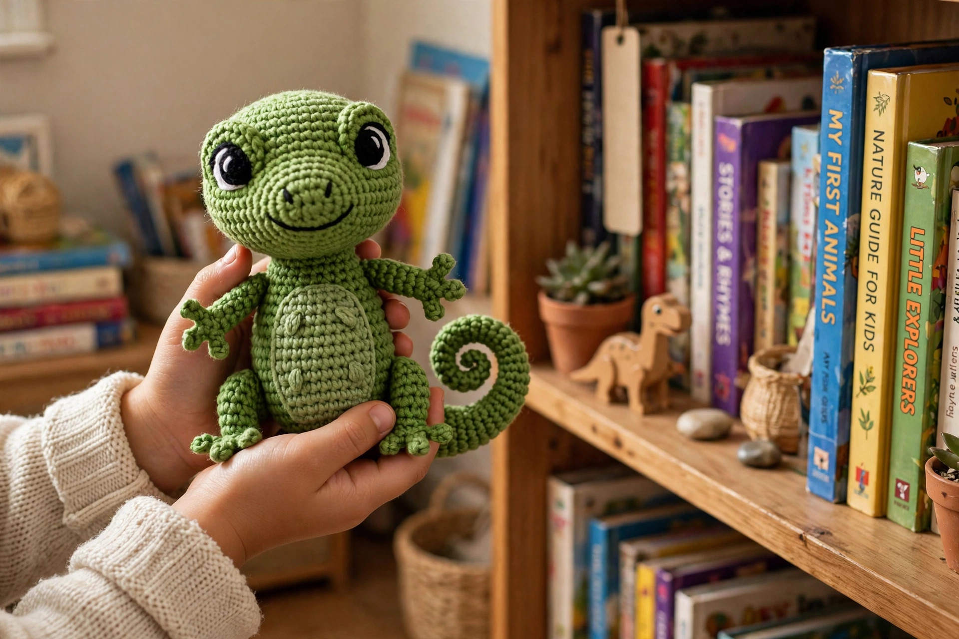 Lifestyle photo of a finished green crocheted gecko lizard amigurumi with a curled tail held in a child's hands near a bookshelf, crochet lizard pattern free
