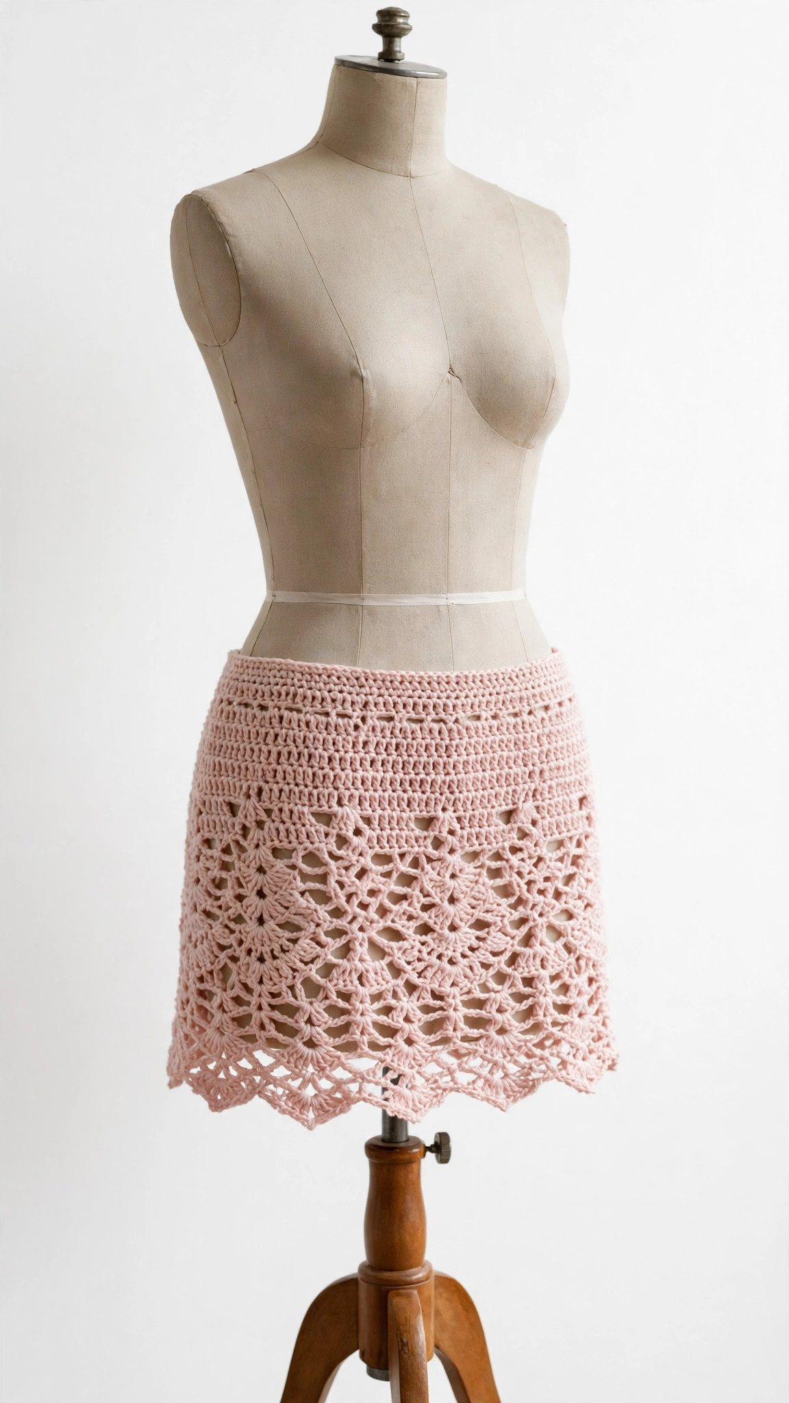 Handmade blush pink crocheted mini skirt with lacy openwork hem on a dress form, crochet mini skirt pattern