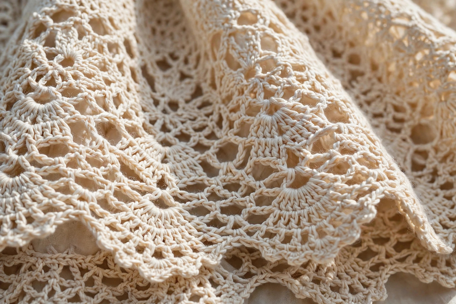 Close-up of openwork lace crochet stitches with scalloped edge on a handmade mini skirt, crochet mini skirt pattern