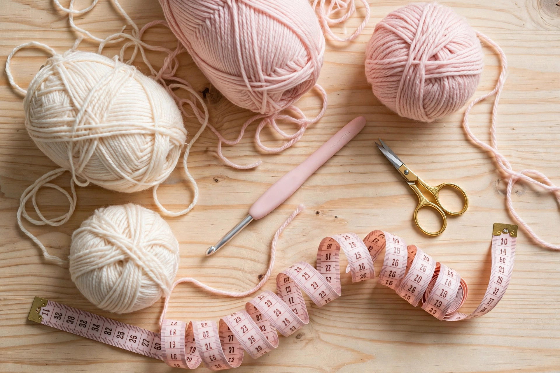 Flat lay of cotton yarn balls, crochet hook, measuring tape and scissors for the crochet mini skirt pattern