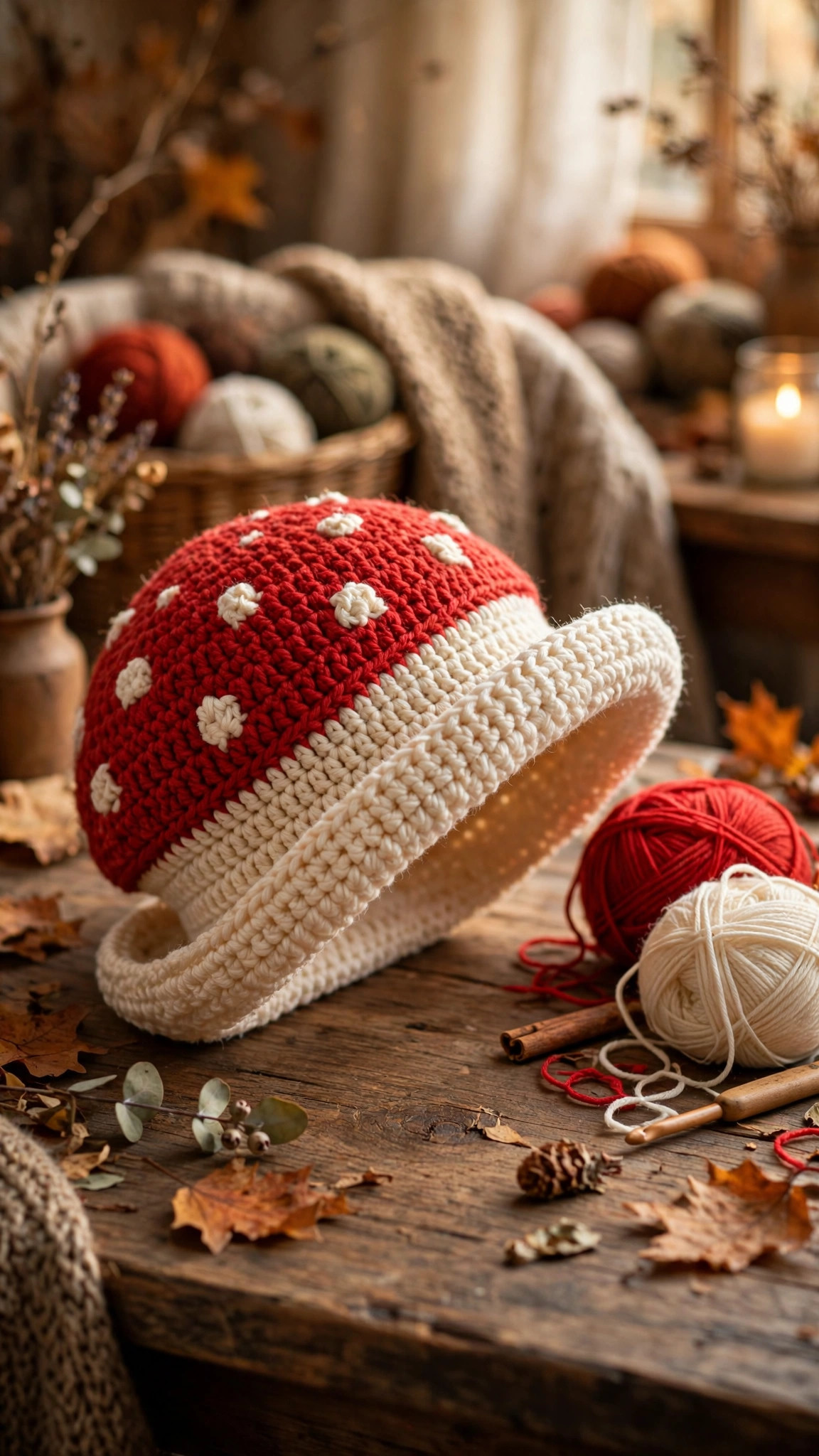 A handmade crocheted mushroom toadstool hat with red spotted cap shown from the side on a wooden table next to balls of red and cream yarn, crochet mushroom hat pattern