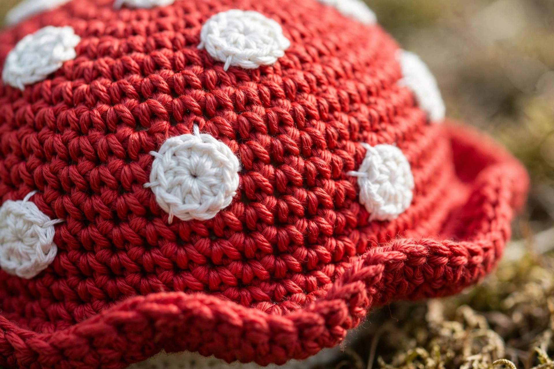 Close-up detail of the white crocheted spots and the ruffled edge of the red cap on a handmade crocheted mushroom toadstool hat, crochet mushroom hat pattern