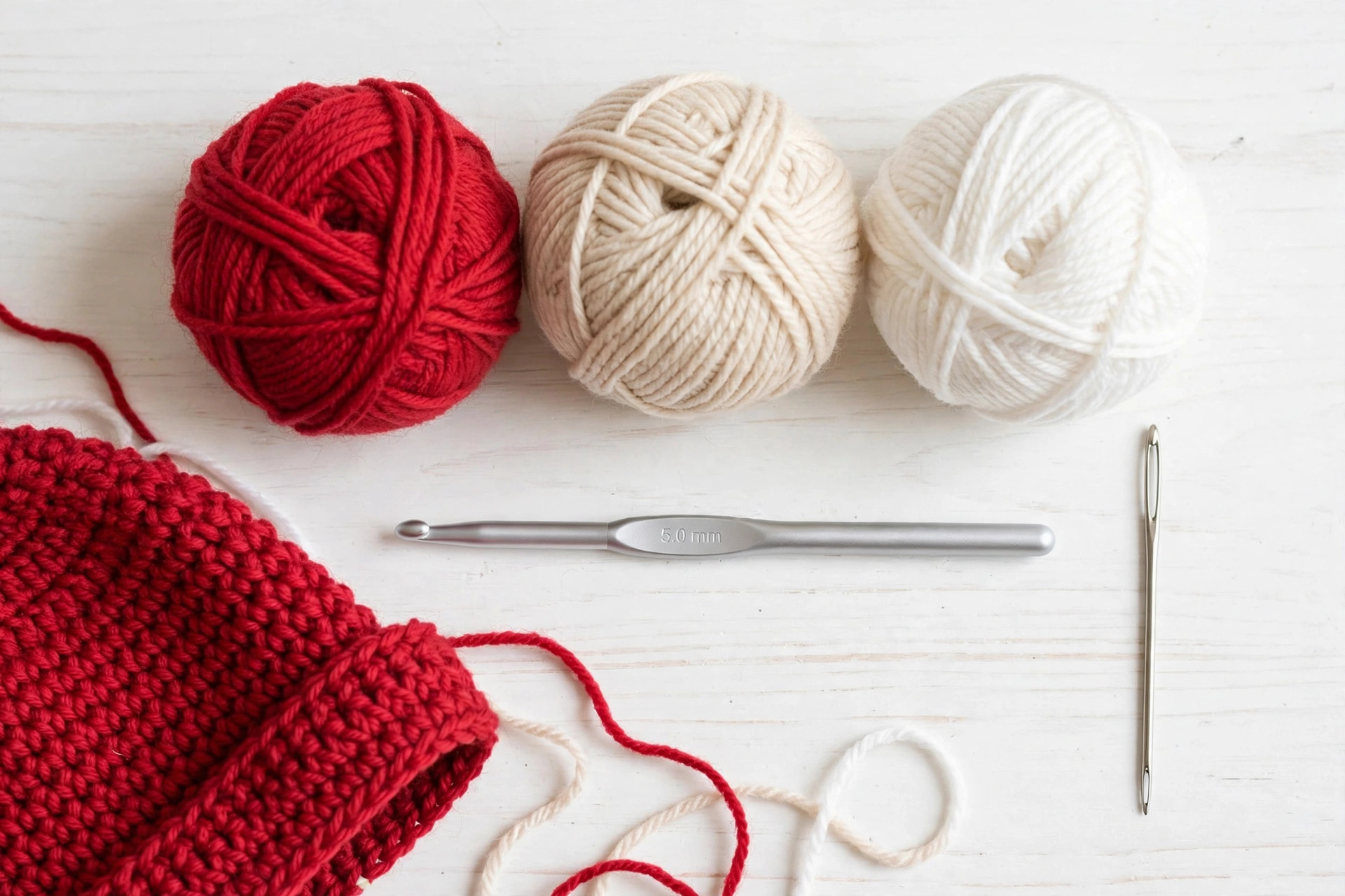 Flat lay of red, cream and white yarn balls, a crochet hook and a tapestry needle for making the crochet mushroom hat pattern