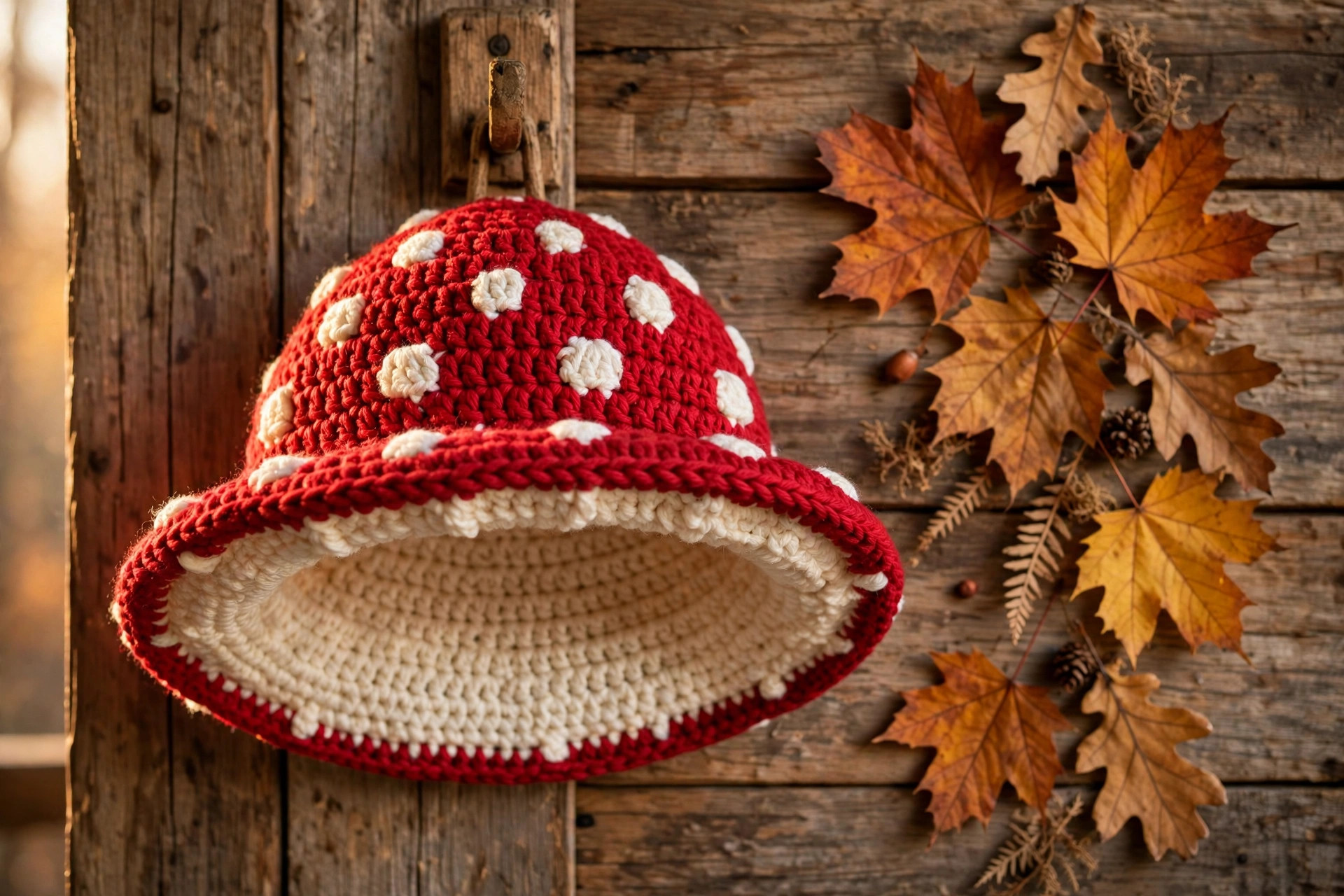 A finished handmade crocheted mushroom toadstool hat hanging on a wooden wall hook next to autumn leaves, styled for fall, crochet mushroom hat pattern