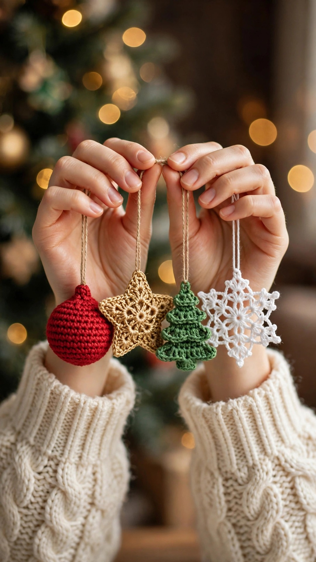 Hands in a cream sweater holding four crochet Christmas ornaments — red bauble, gold star, green tree and white snowflake — in front of a Christmas tree with fairy lights