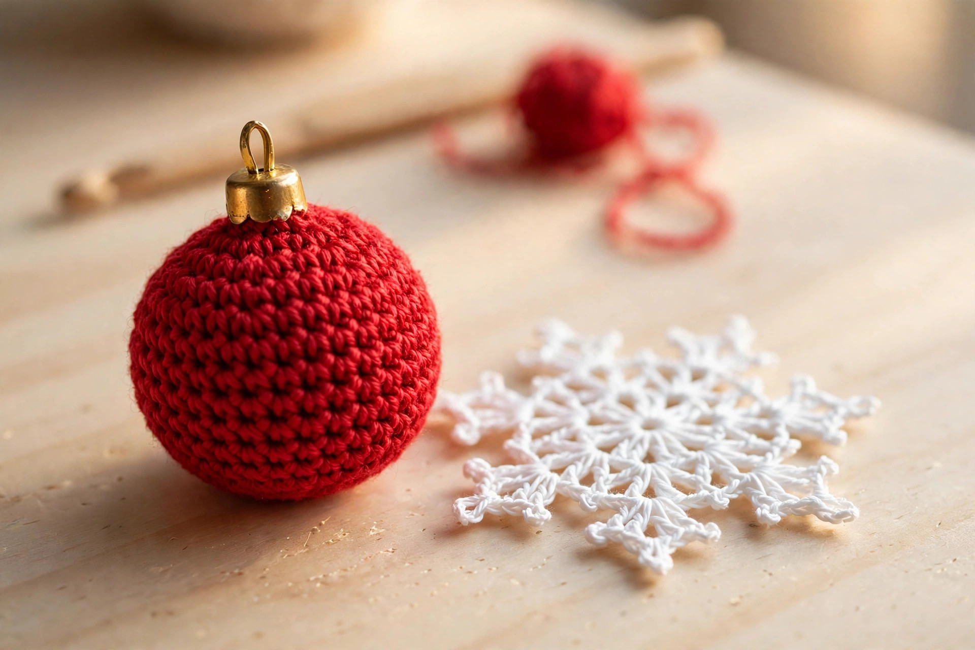 Close-up of a red crochet bauble with a gold cap and a white crochet snowflake on a wooden table, with a crochet hook and red yarn behind