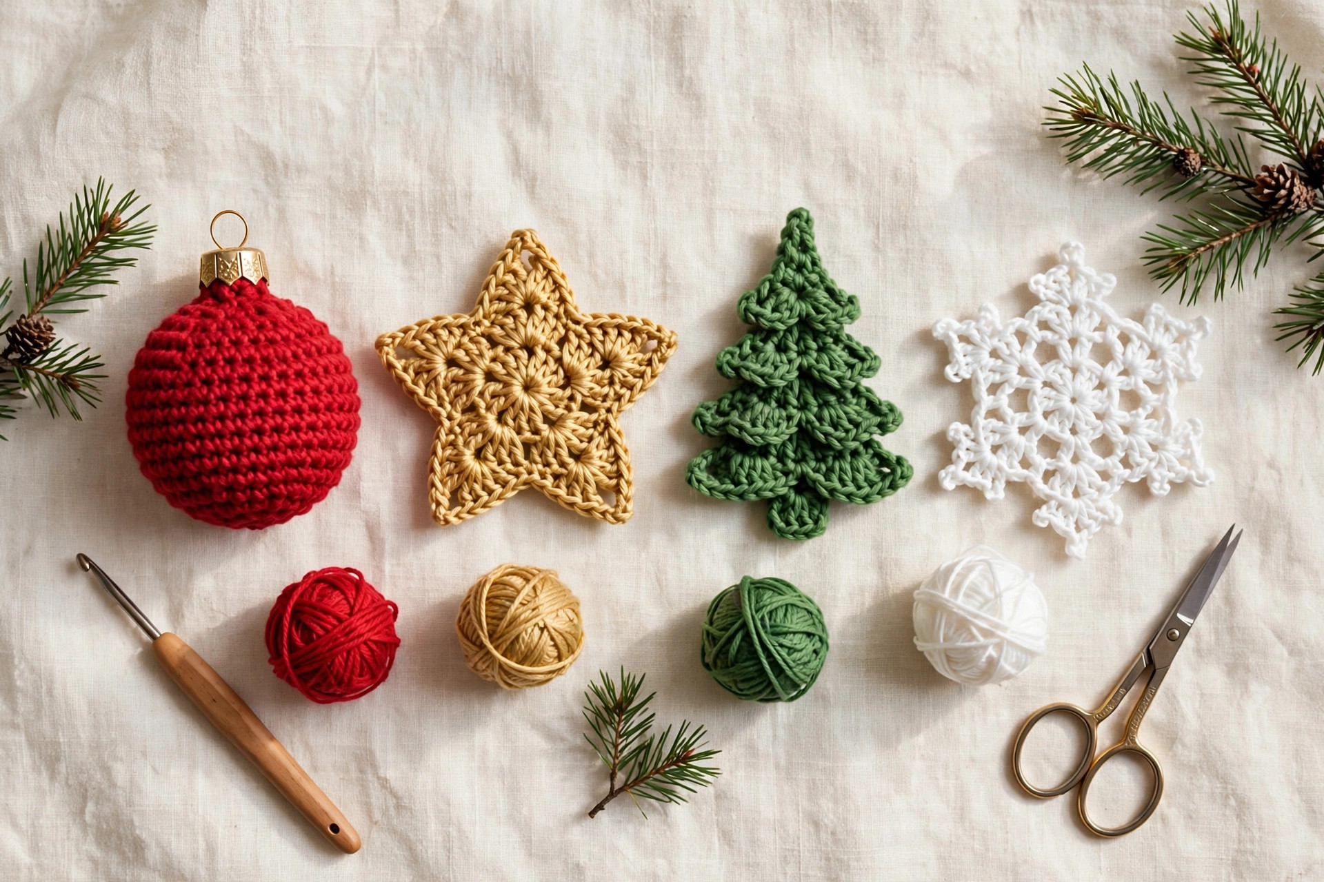 Flat lay of the four crochet ornaments — red bauble, gold star, green tree and white snowflake — with yarn balls, a hook, scissors and pine sprigs on cream linen