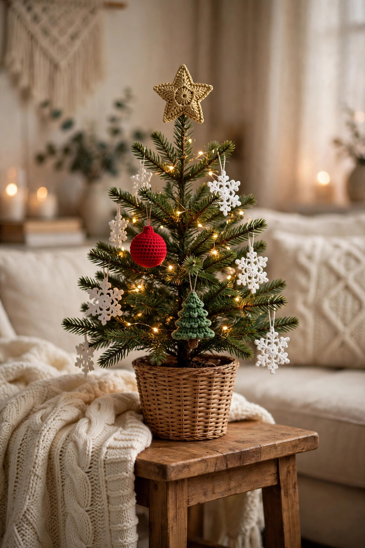 A small Christmas tree in a wicker basket, hung with crochet ornaments — gold star on top, red bauble, green mini tree and white snowflakes — with fairy lights