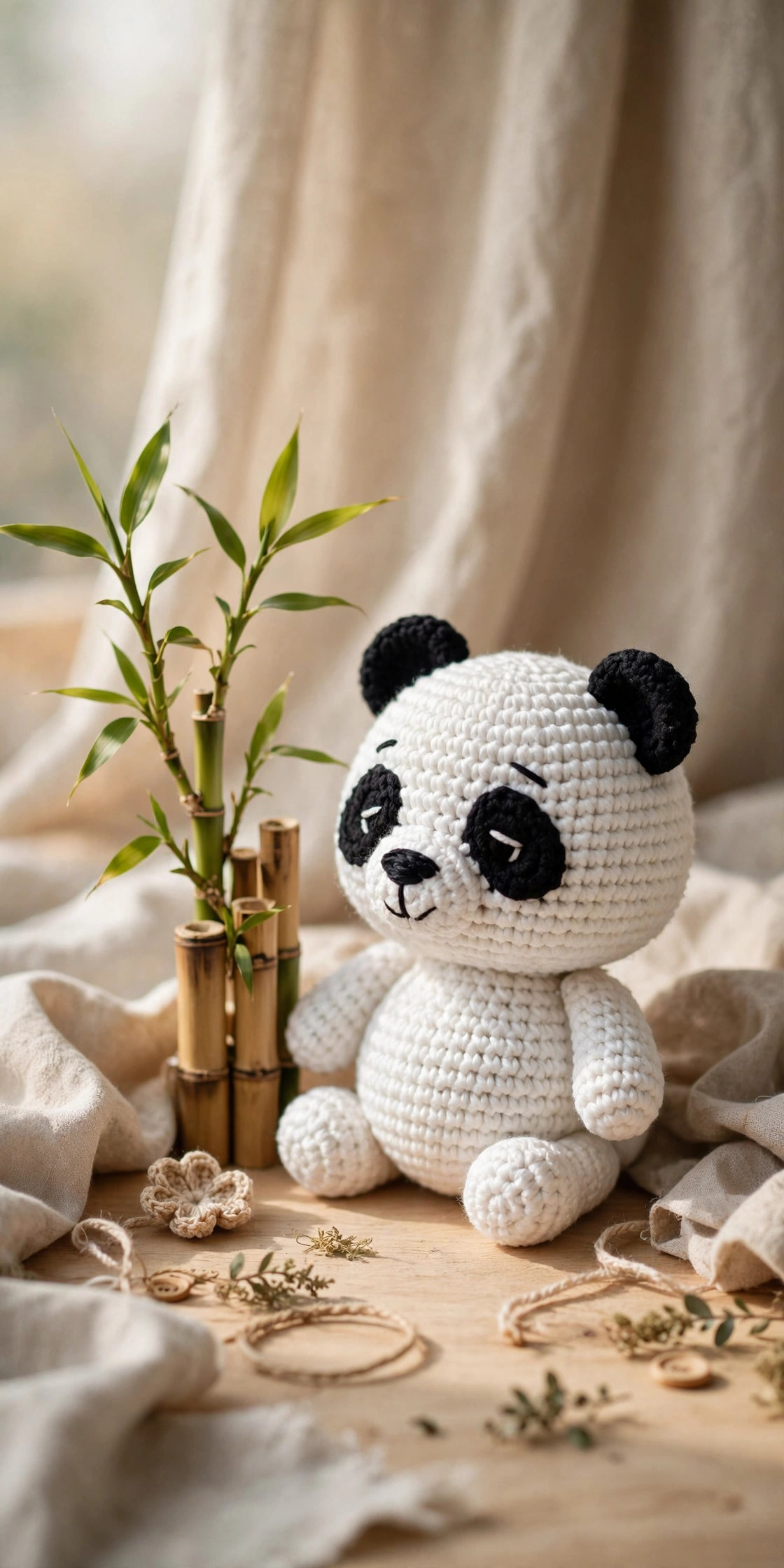 Crochet panda amigurumi with a small bamboo stalk prop — free panda crochet pattern