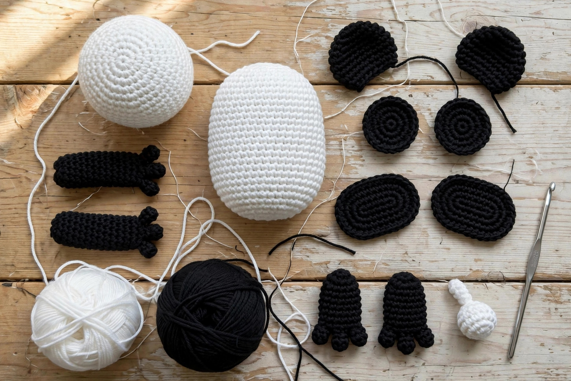 All eleven crochet panda pieces — head, body, ears, eye patches, arms, legs and tail — laid out before assembly