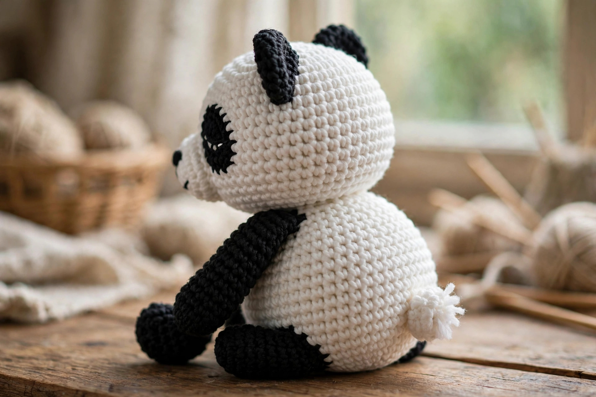 Side view of the finished crochet panda amigurumi showing its round body, black foot and tiny white tail