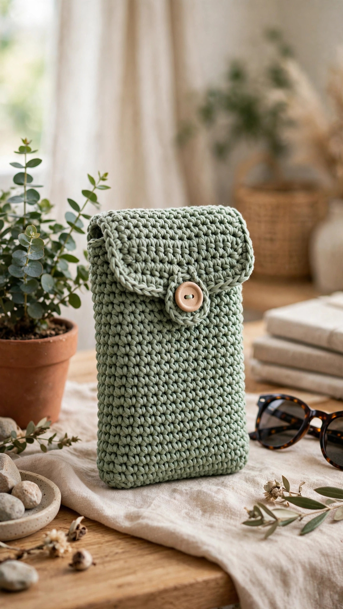 Crochet phone case pattern free — sage green crochet phone pouch with fold-over flap and wooden button standing on a styled desk