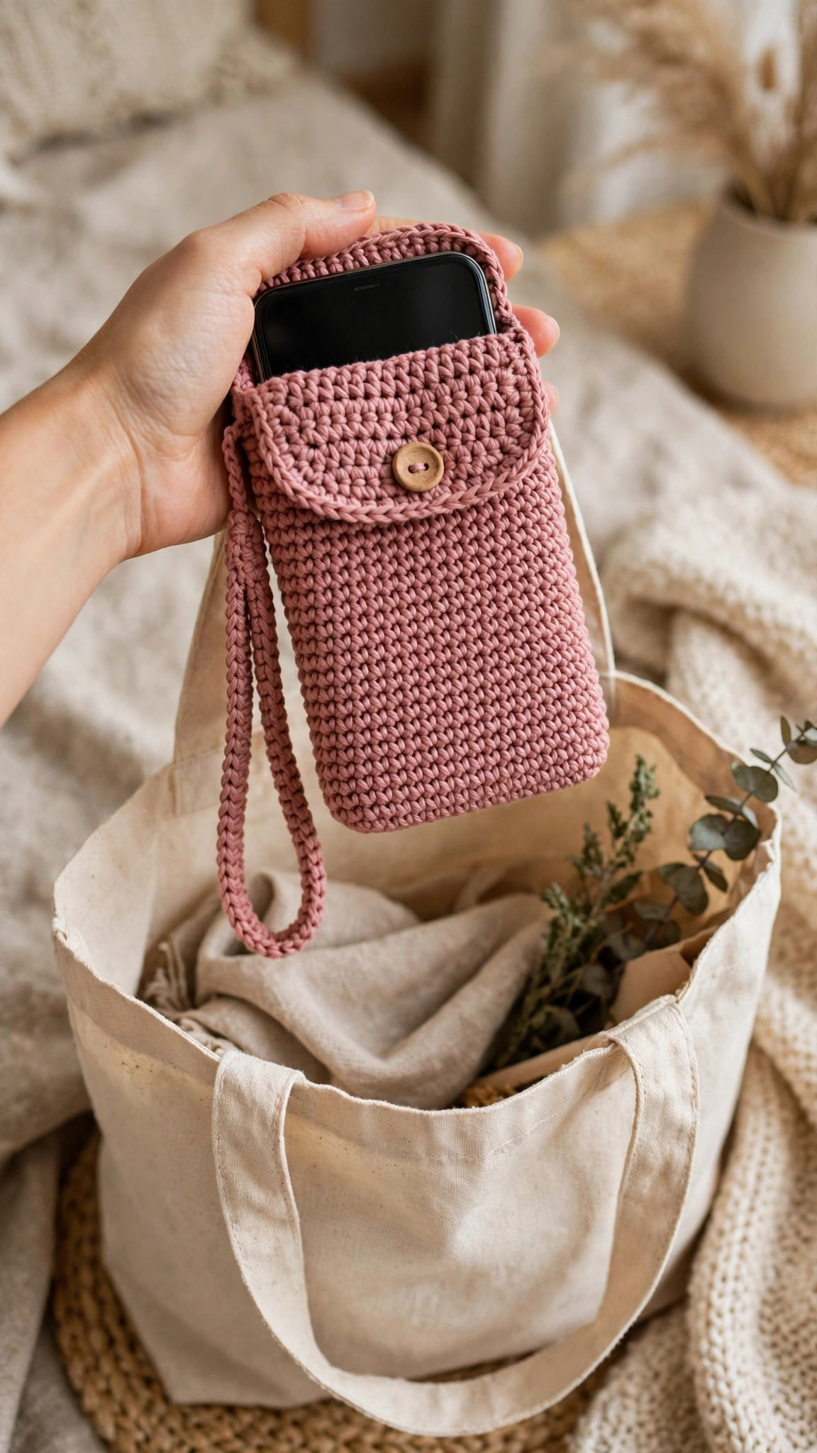 Dusty rose crochet phone pouch with wrist strap held over a canvas tote bag, crochet phone case pattern free with custom sizing