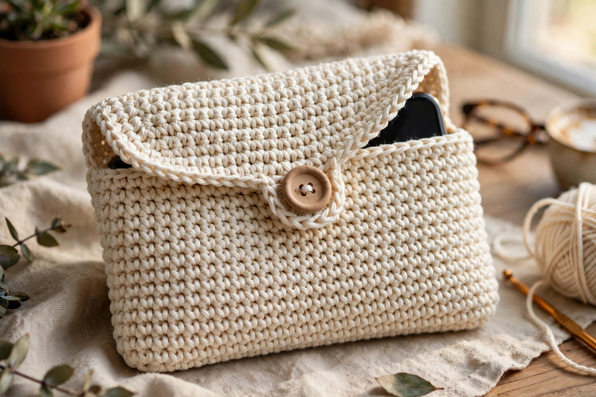 Close-up of the fold-over flap and wooden button closure on a cream crochet phone case, showing dense waistcoat stitch texture