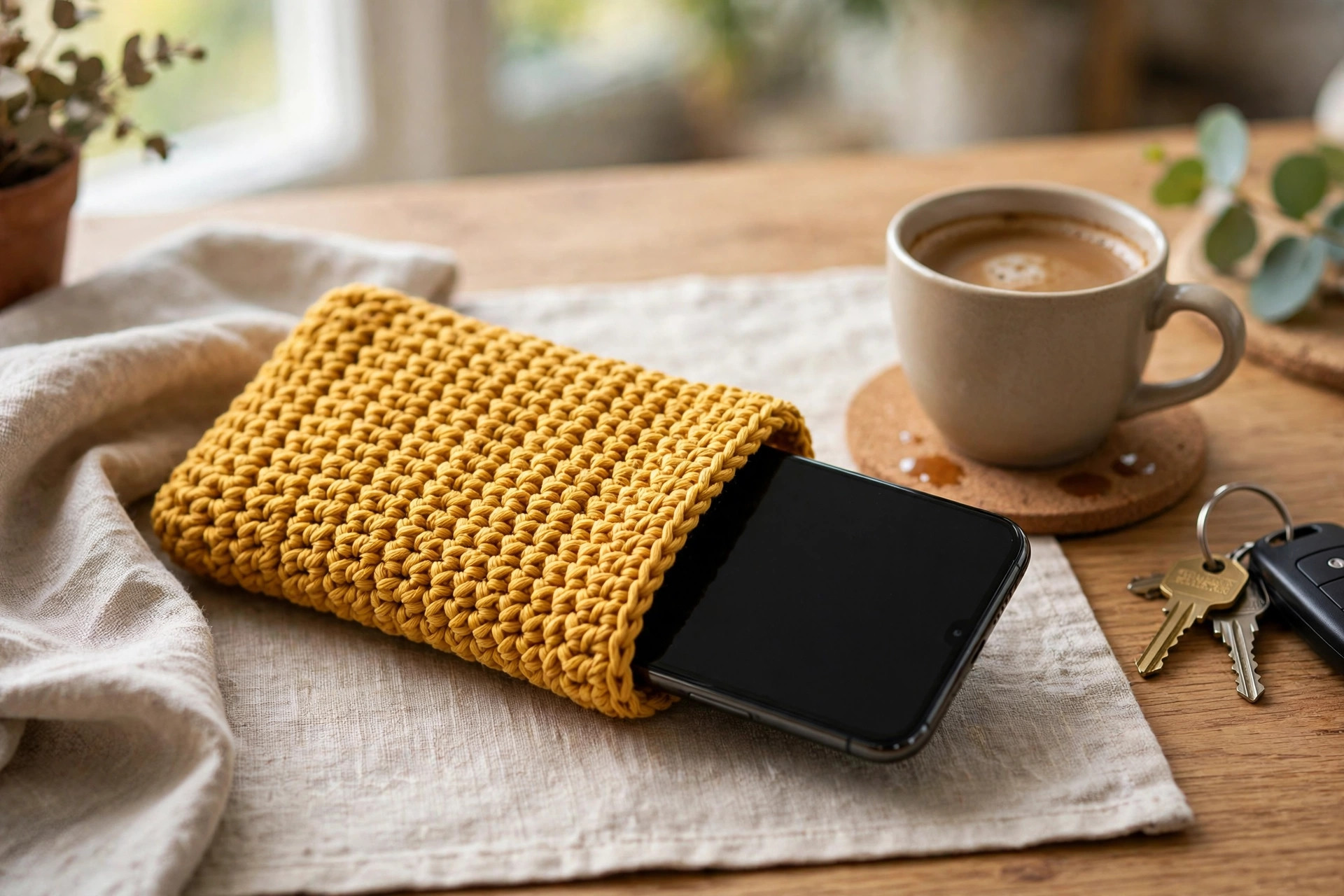 Mustard yellow crochet phone pouch with a smartphone sliding out, showing the snug custom fit of this crochet phone case pattern free