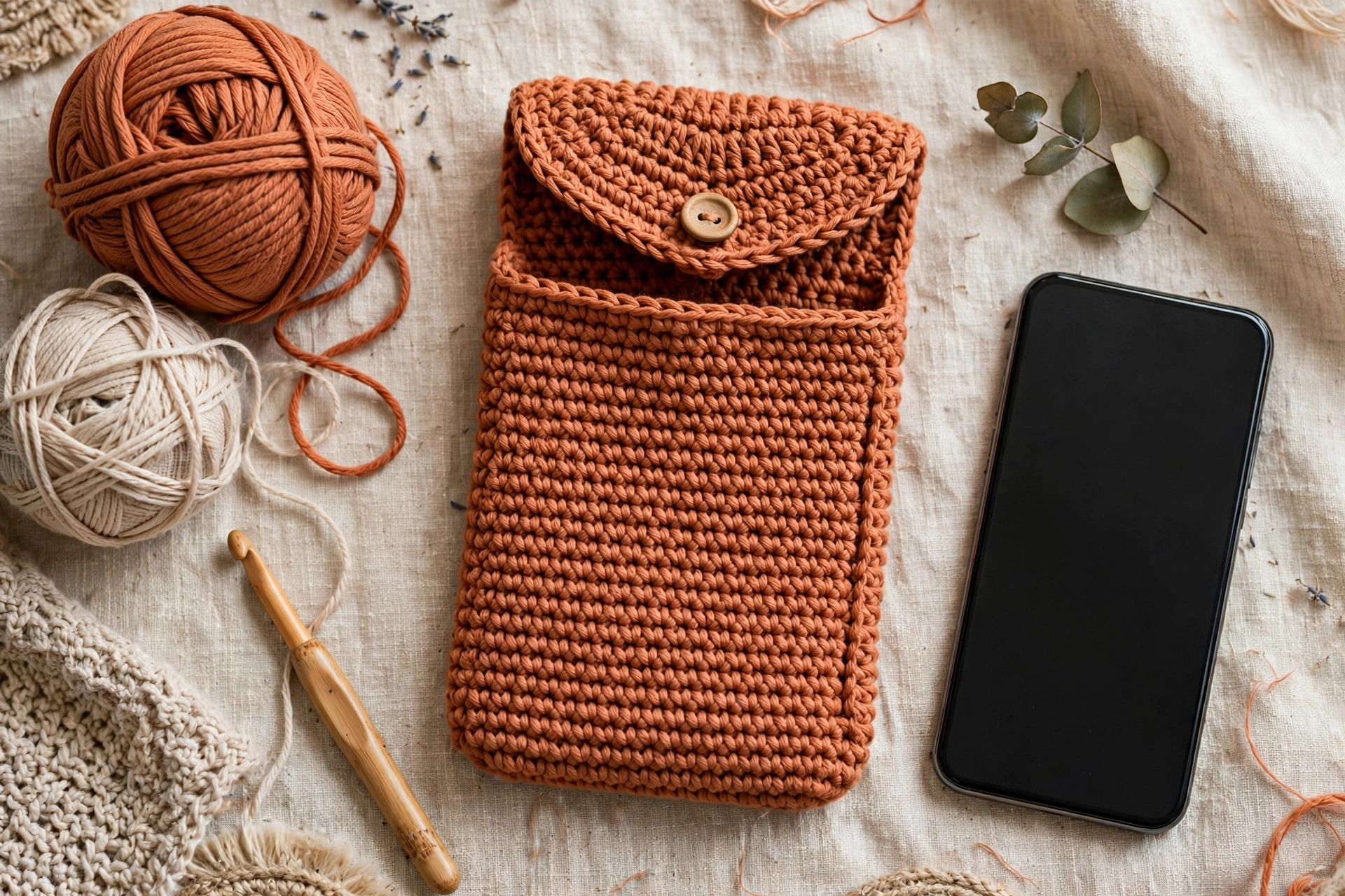 Flat lay of a terracotta crochet phone case pouch with yarn, hook and smartphone on linen, finished free crochet phone case pattern