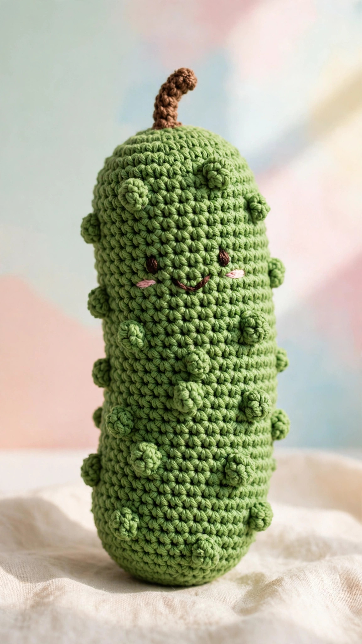 Crochet pickle pattern free: handmade crocheted amigurumi pickle plush in bumpy green yarn with a smiling face