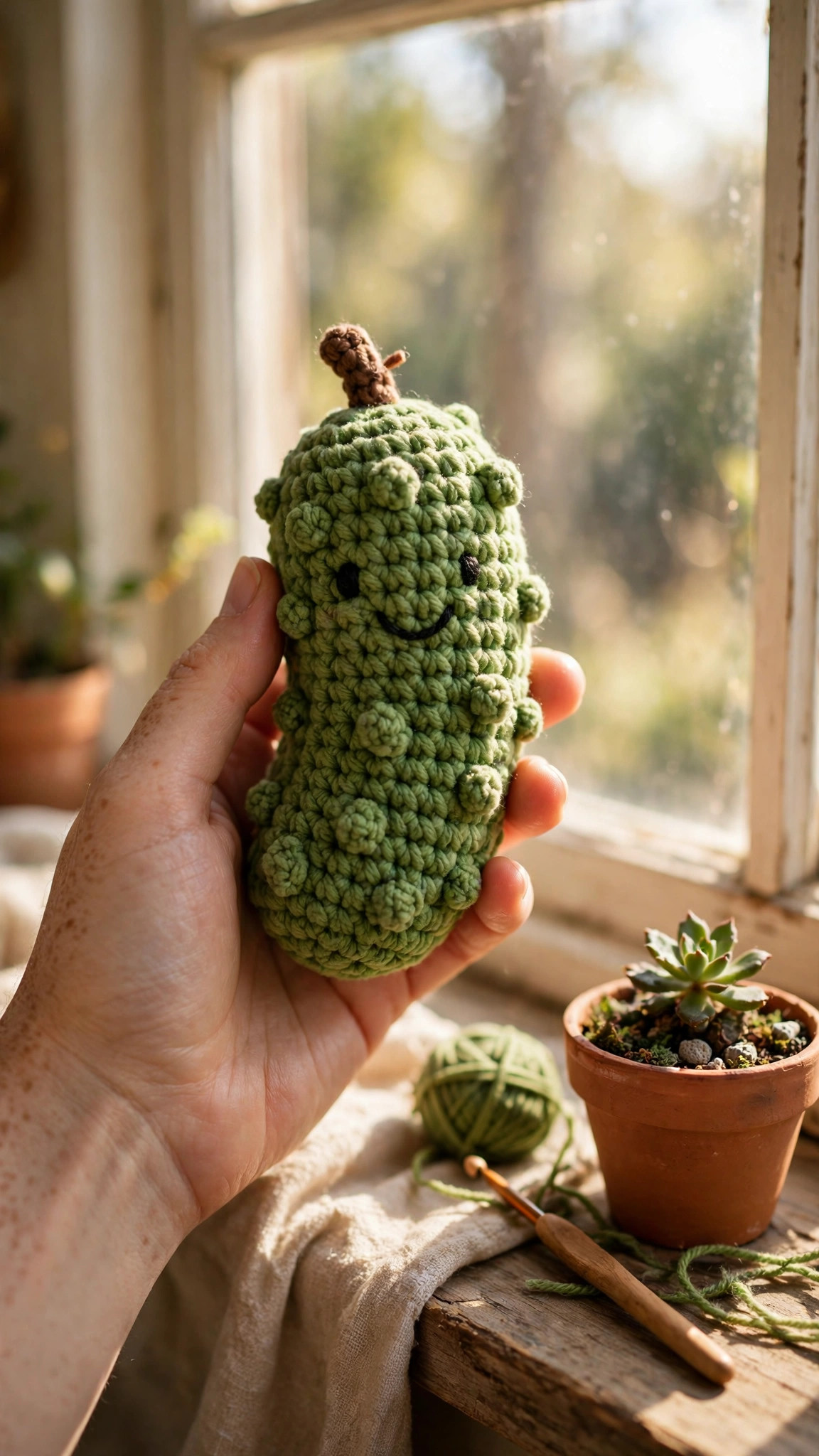 A handmade crocheted amigurumi pickle plush in bumpy green yarn held in a hand to show its size, with a cute embroidered smile and tiny stem, crochet pickle pattern free