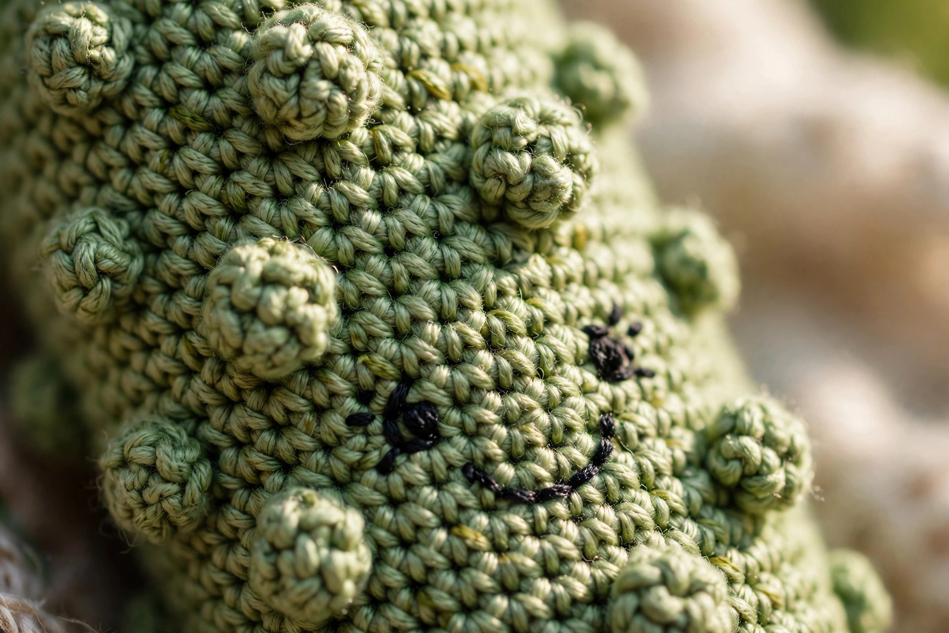 Close-up detail of the popcorn stitch bumps and the smiling embroidered face on a handmade crocheted amigurumi pickle, showing neat amigurumi fabric, crochet pickle pattern free