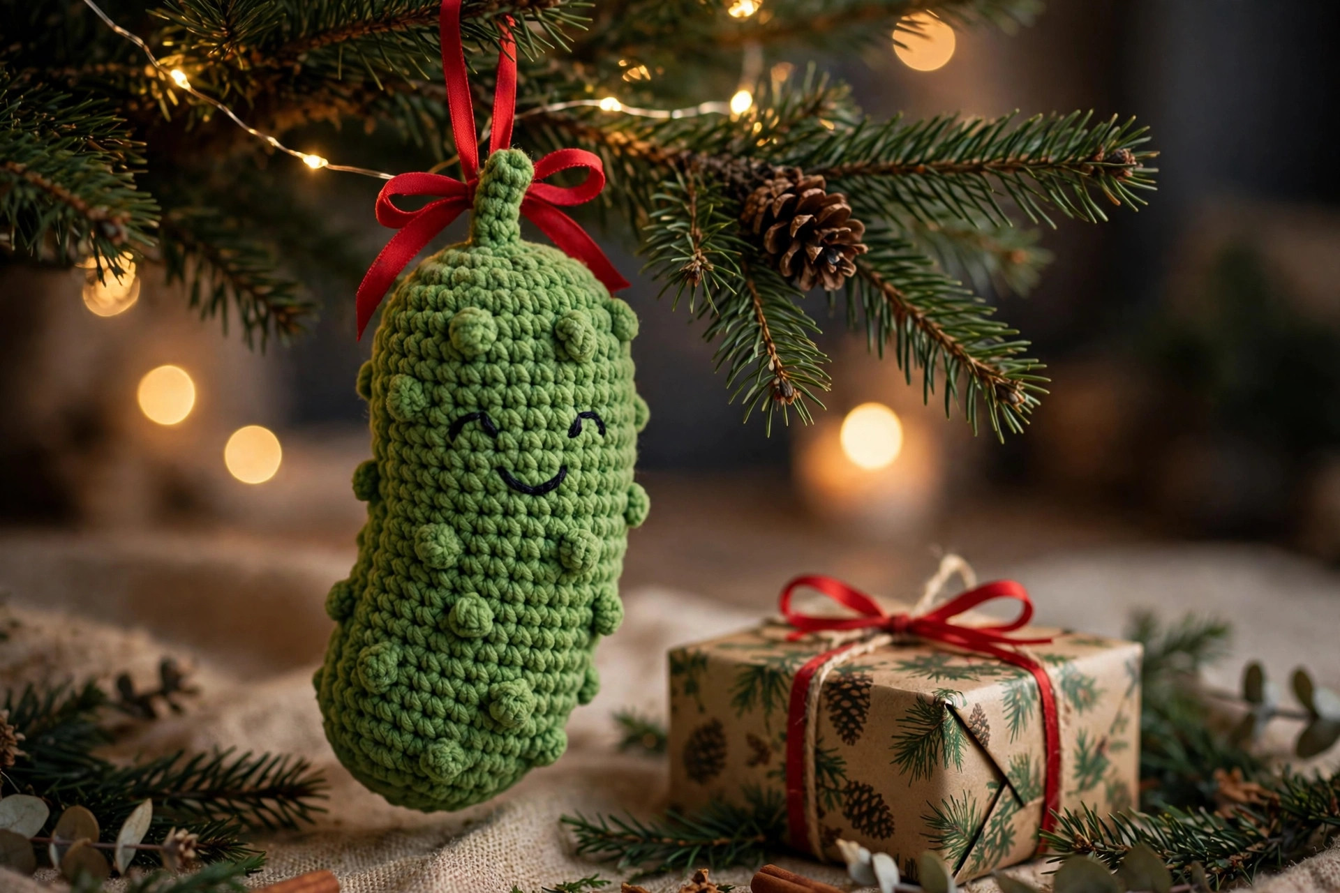 A finished handmade crocheted amigurumi pickle plush hanging as a Christmas tree ornament with a ribbon loop, next to a wrapped gift, crochet pickle pattern free