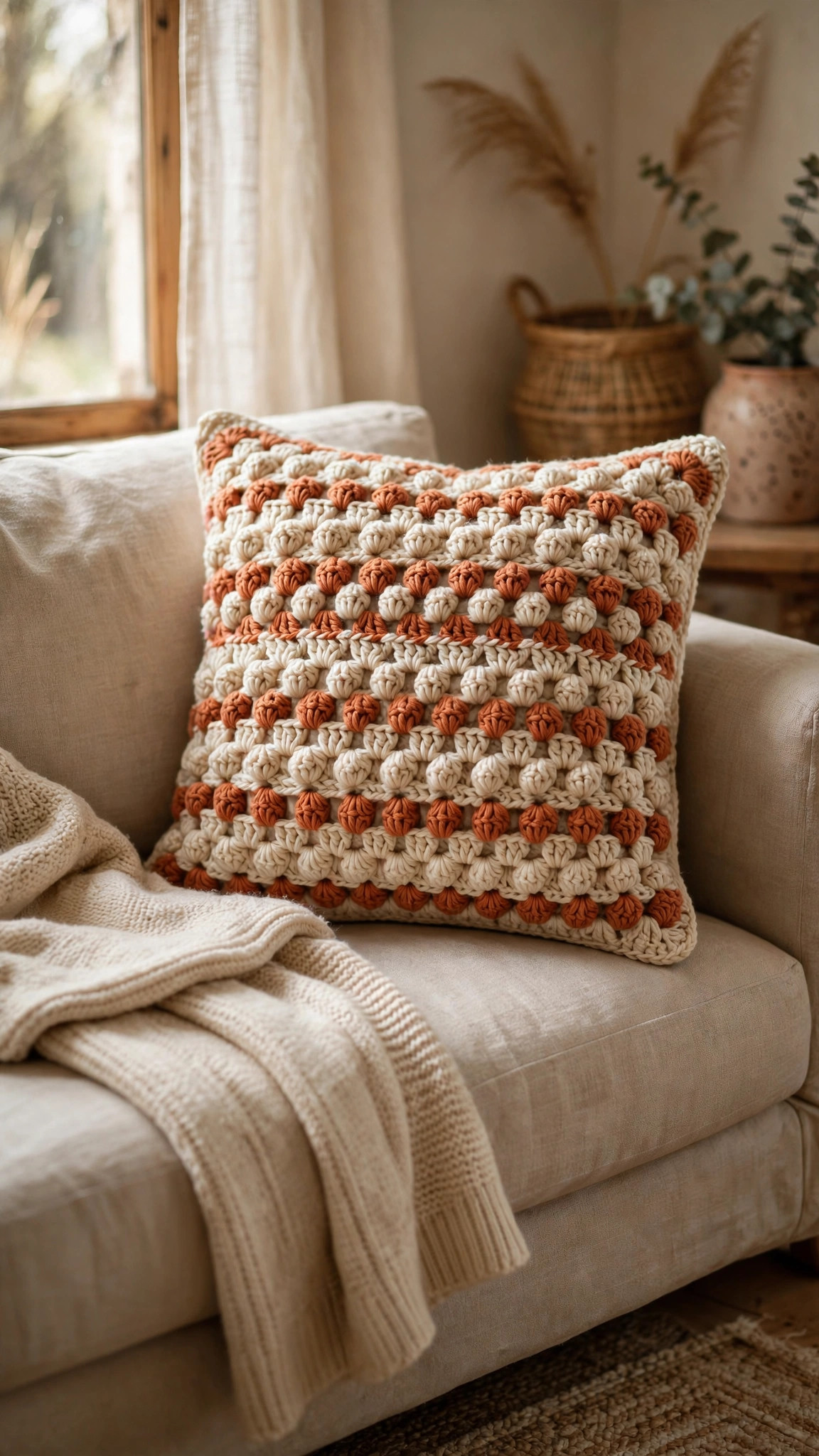 Crochet pillow pattern free: handmade crocheted throw pillow in cream and terracotta bobble stitch