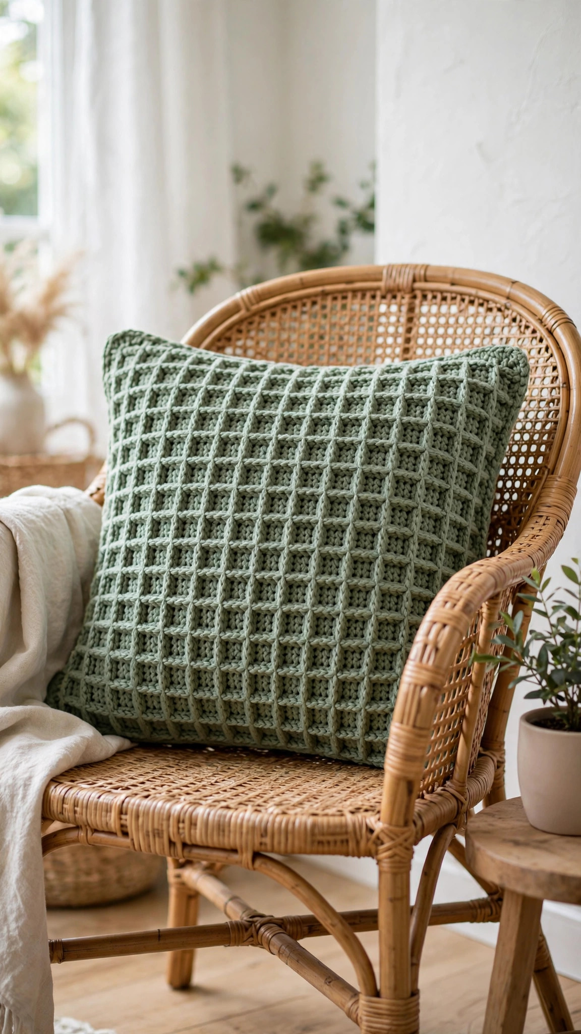 Handmade sage green crocheted cushion with waffle texture styled on a rattan armchair, crochet pillow pattern free