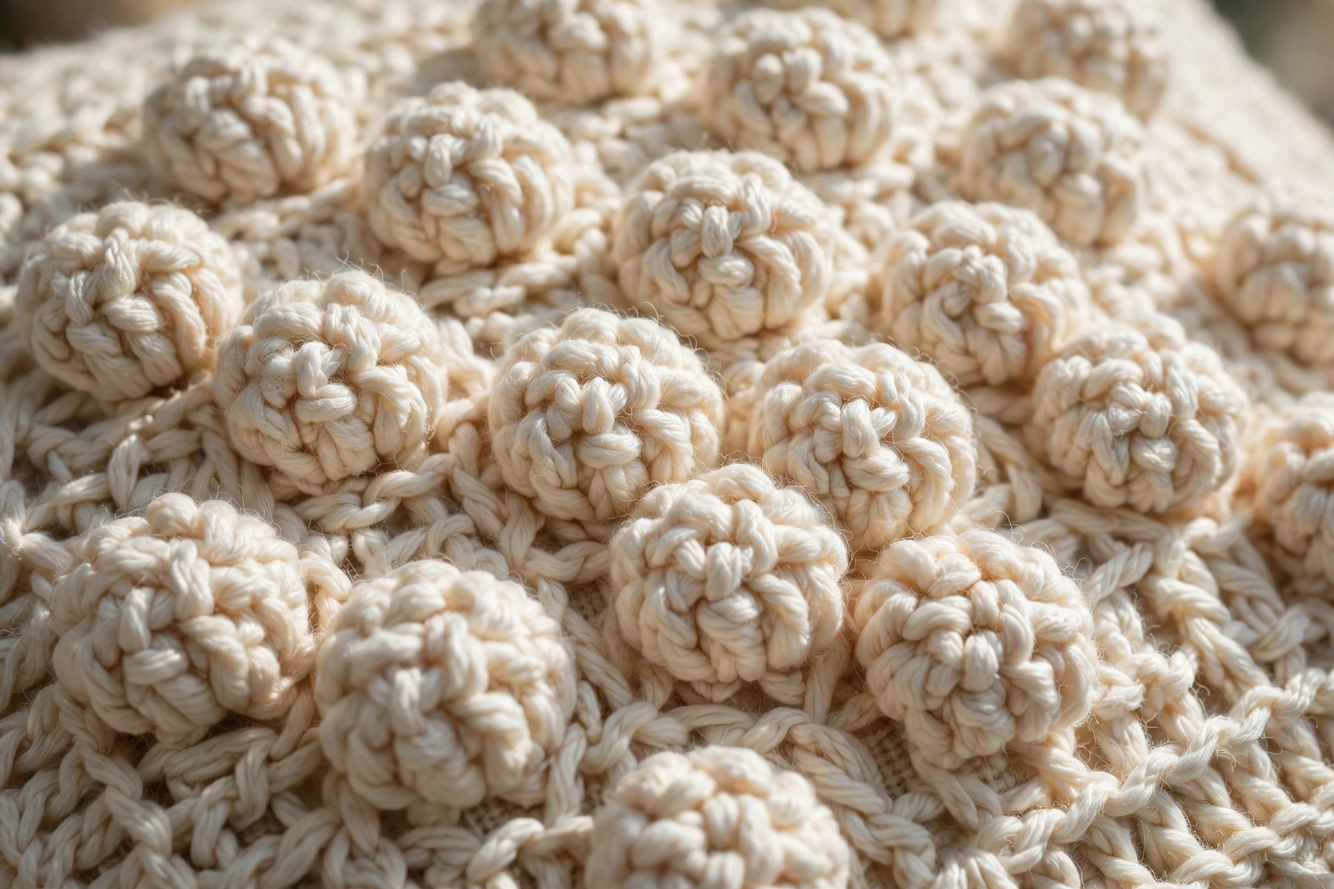 Close-up of bobble crochet stitches on a handmade cream throw pillow showing crisp stitch definition, crochet pillow pattern free