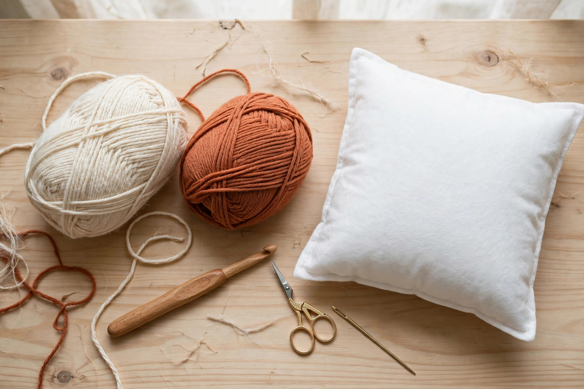 Flat lay of yarn balls, crochet hook, pillow form insert and tapestry needle for the crochet pillow pattern free