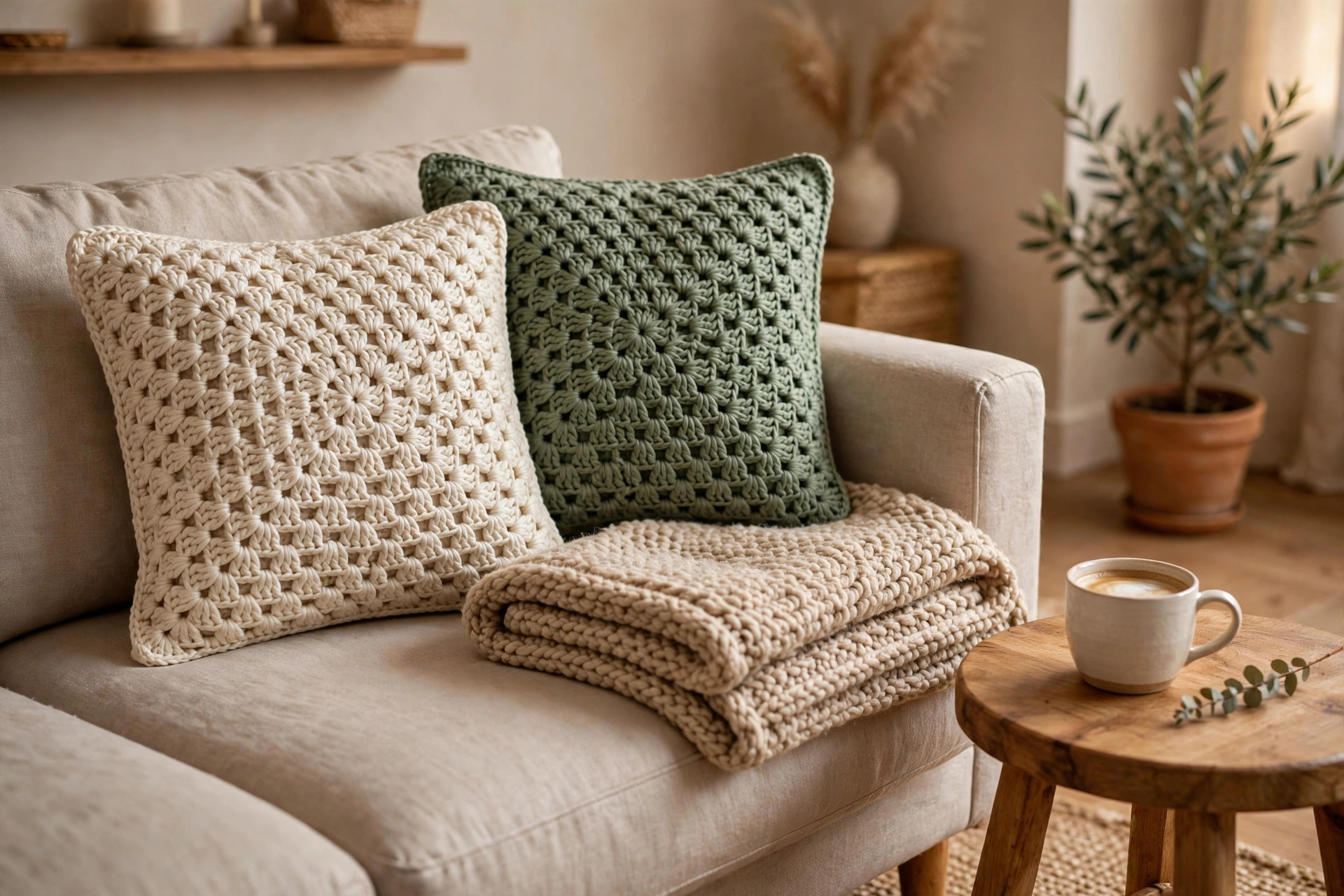 Cozy sofa styled with two handmade crocheted throw pillows in cream and sage green, crochet pillow pattern free