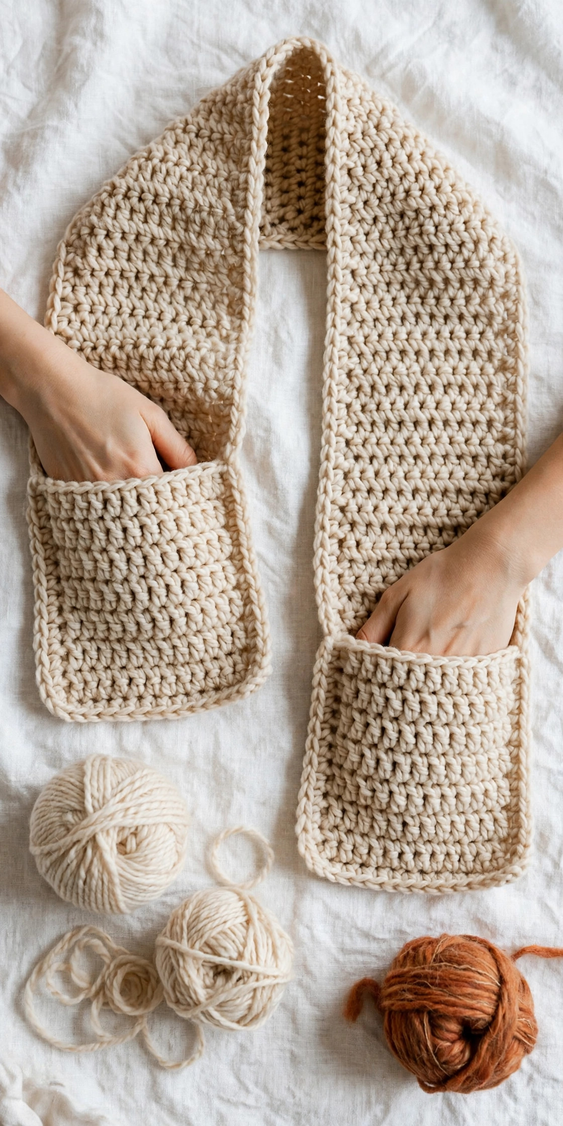 Hands tucked into the pockets of a cream crochet pocket scarf, flat lay with yarn balls — free crochet pocket scarf pattern
